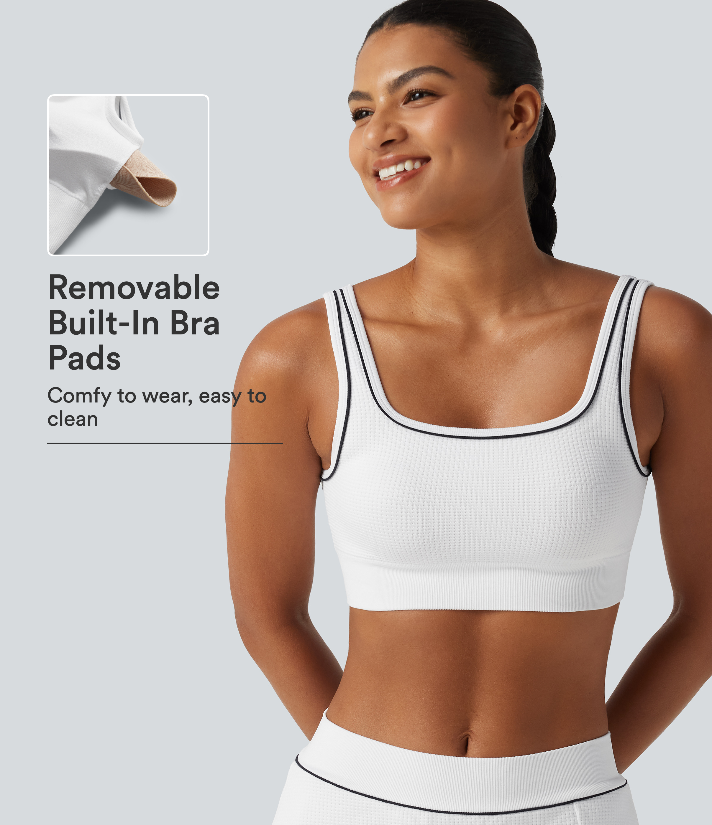 Light Support Square Neck Built-in Bra Waffle Workout Sports Bra