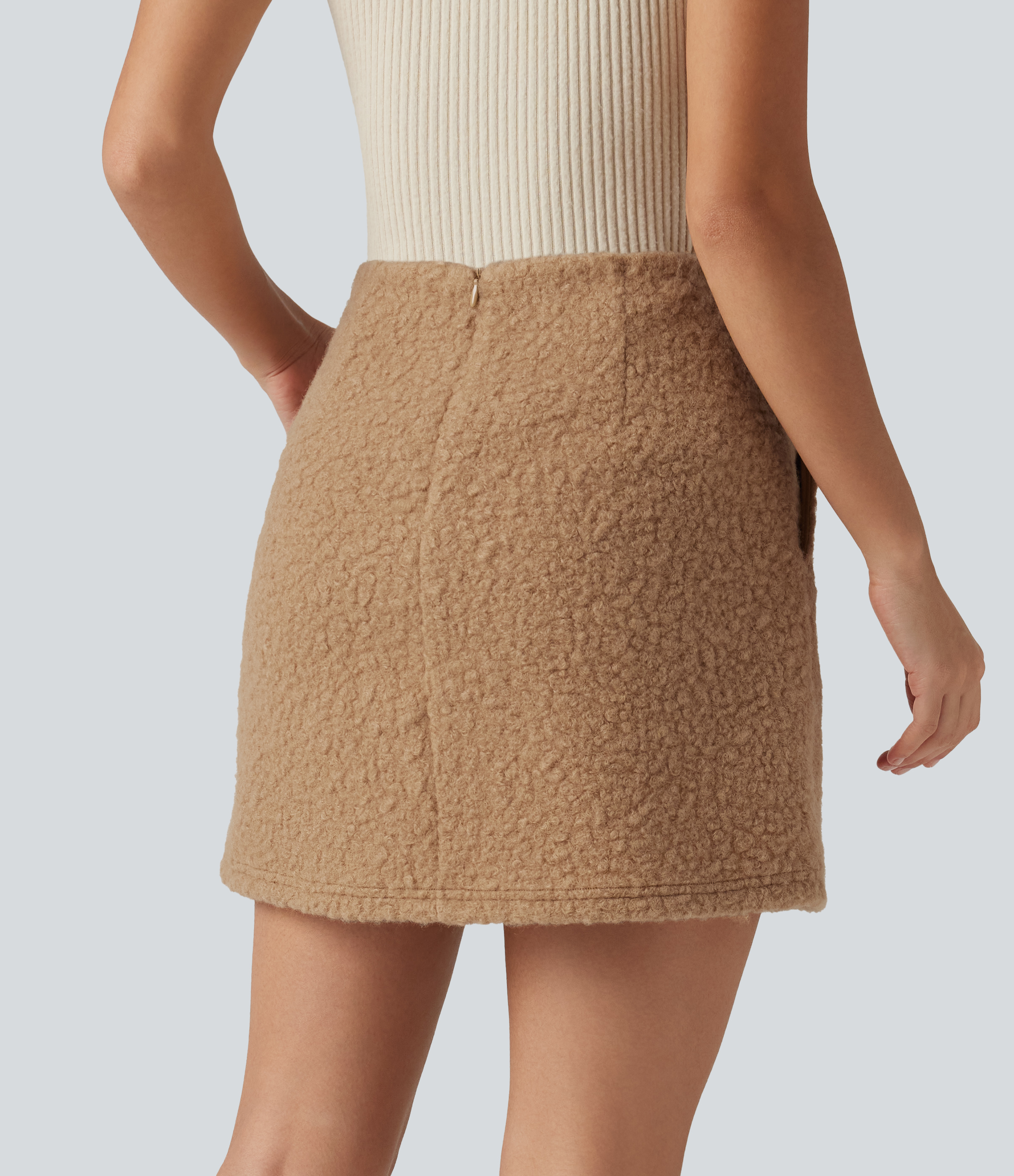 Biscuit Jupe mini décontractée taille haute, coupe trapèze 2-en-1 en tissu teddy, avec poches / 2