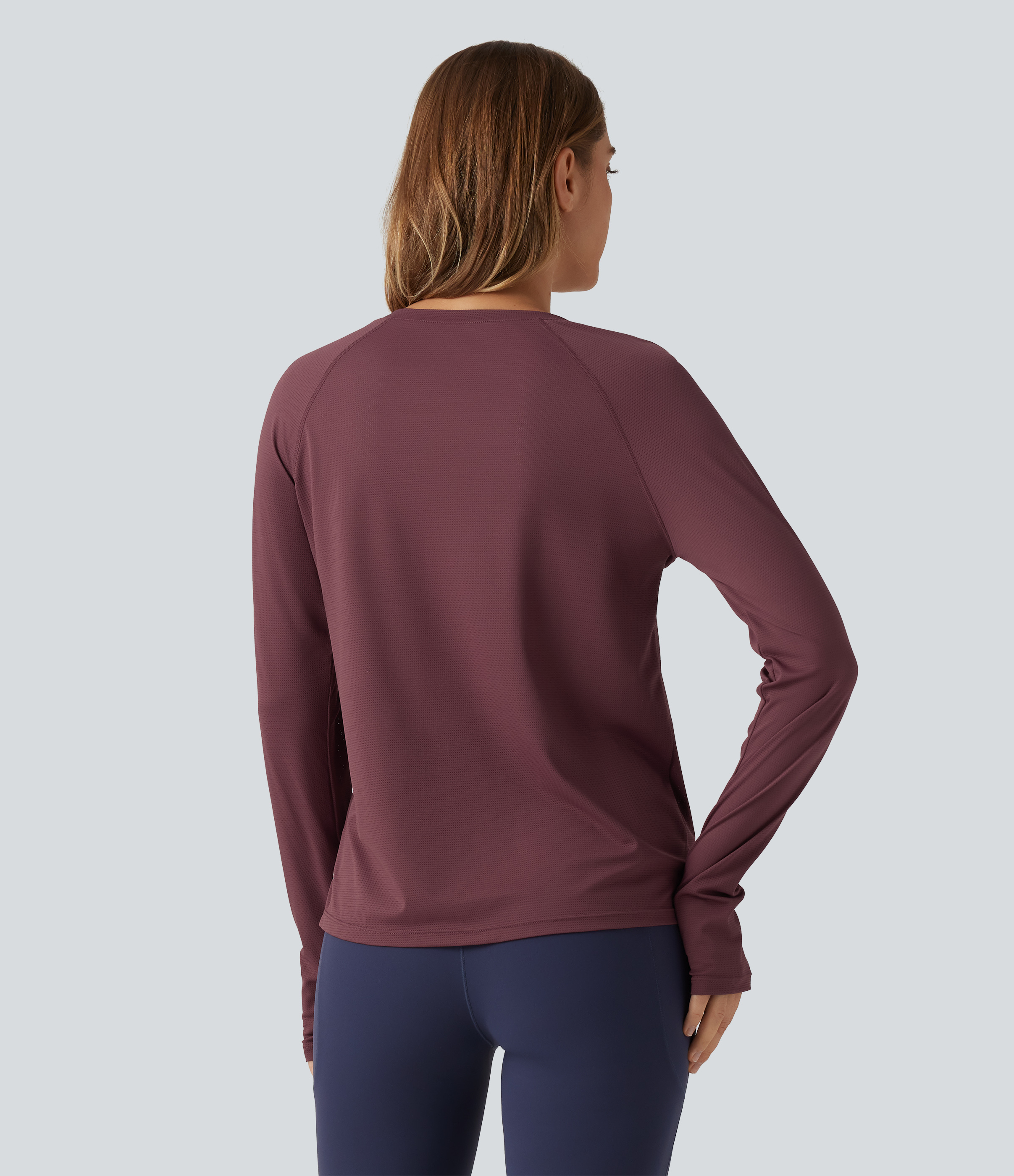 Evening Red Round Neck Mesh Raglan Long Sleeve Thumb Holes Quick Dry Running Sports Top  / 2