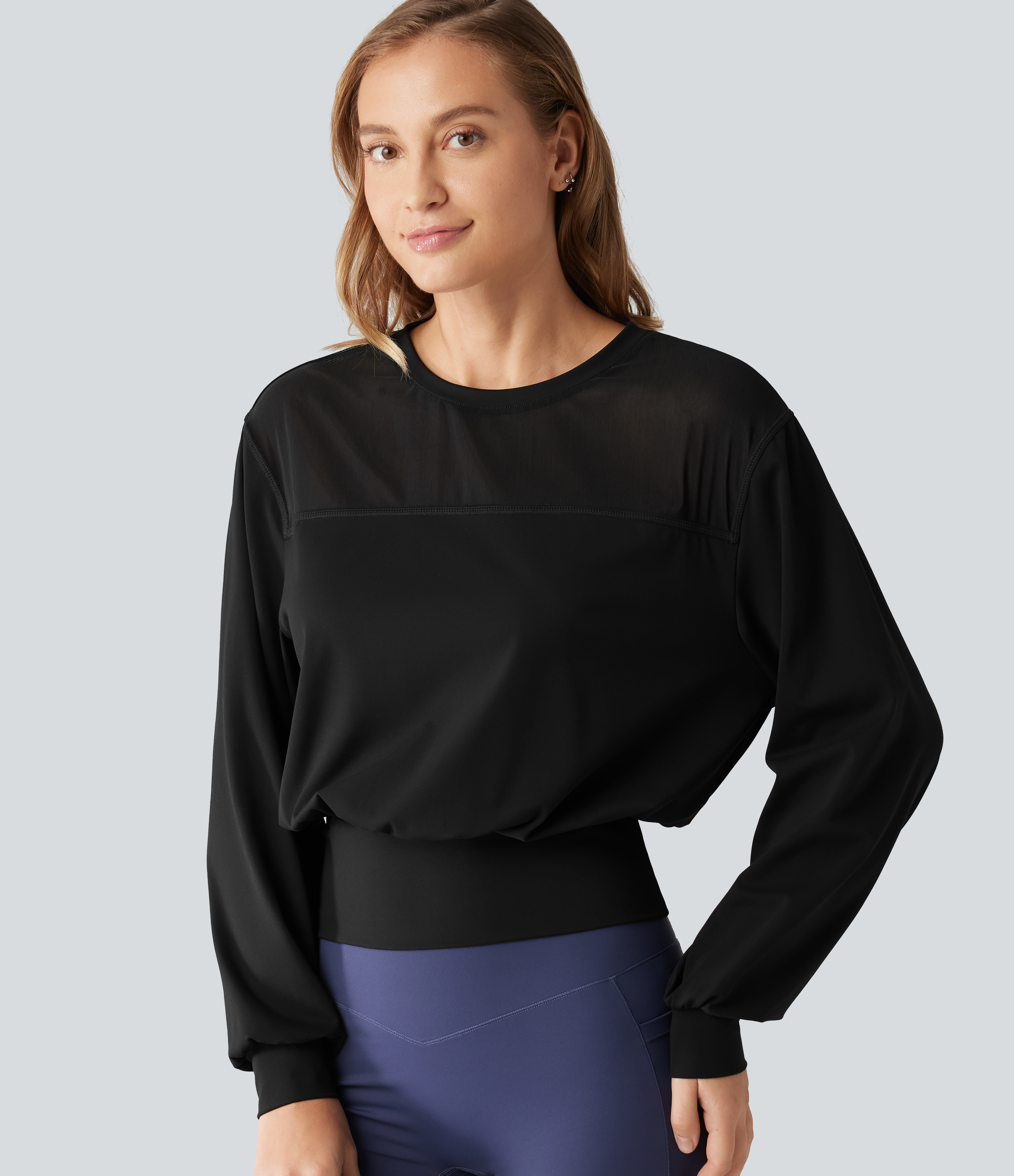 SoftlyZero™ Plush Round Neck Long Sleeve Dropped Contrast Mesh Yoga Sports Top