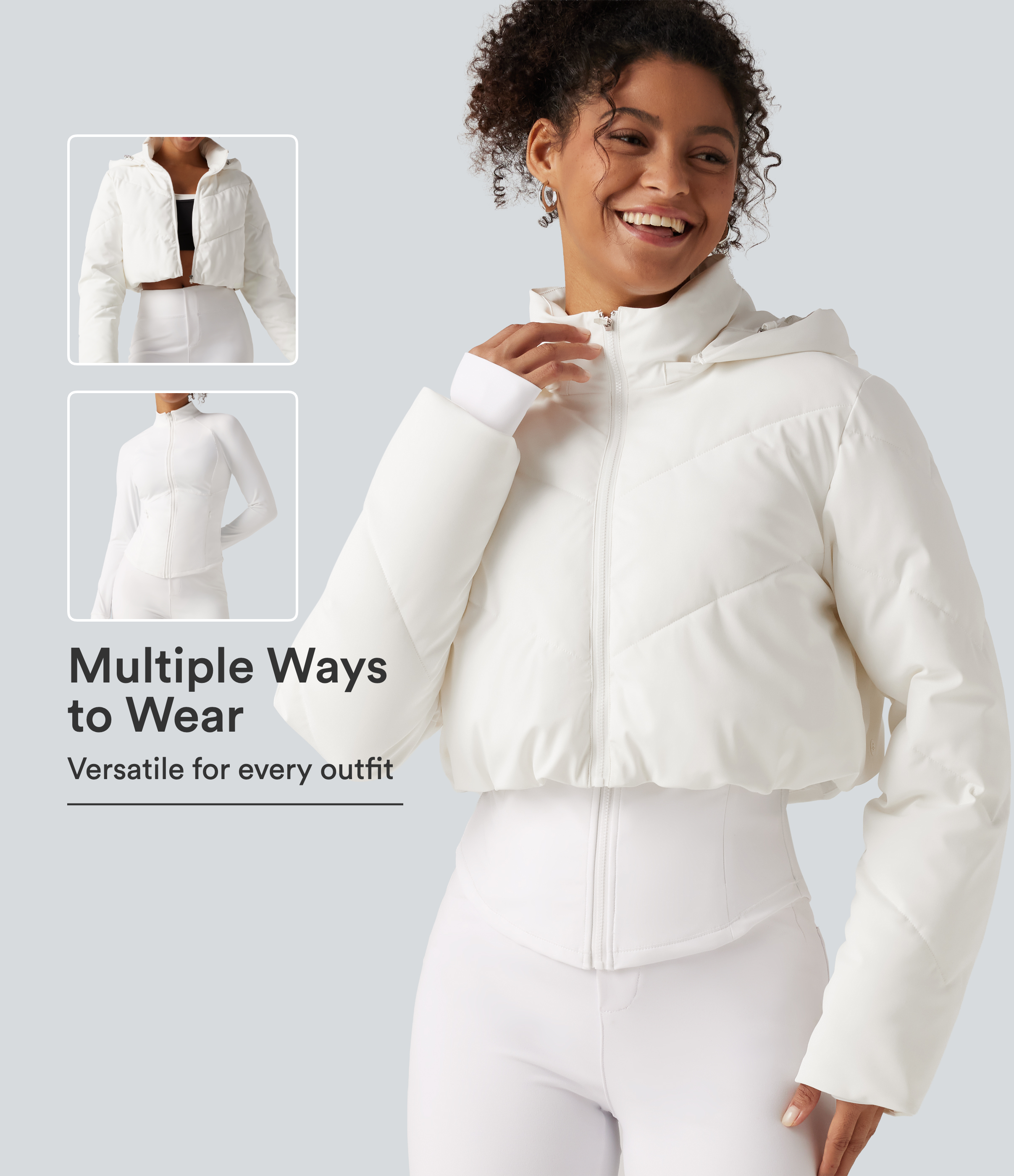 PuffFlex 3-in-1 lässige Steppjacke mit abnehmbarer Kapuze, langen Ärmeln, Daumenlöchern und Taschen
