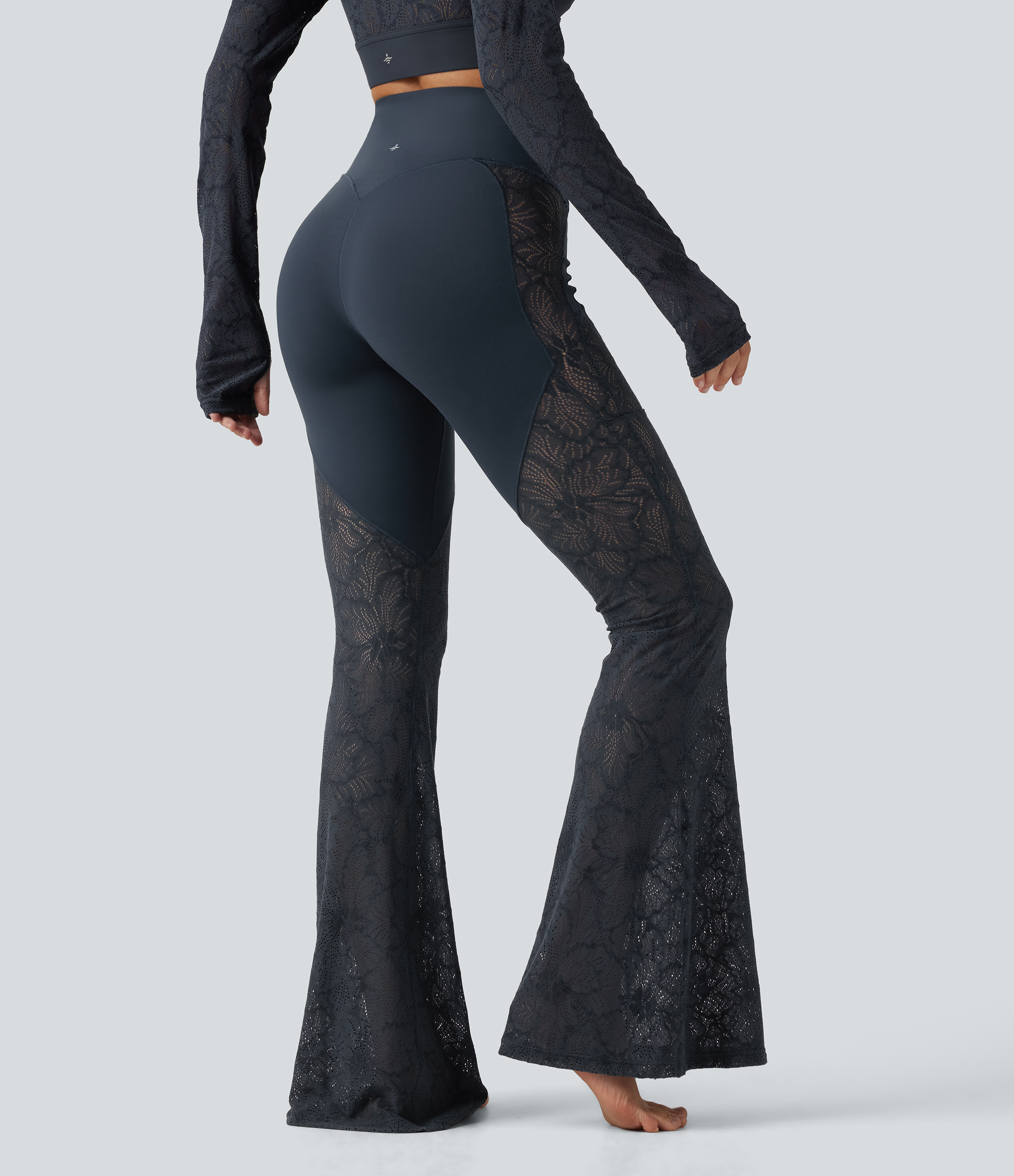 Carbon Halara UltraSculpt™ High Waisted Crossover Tummy Control Contrast Lace Yoga Flare Leggings with Pockets / 2