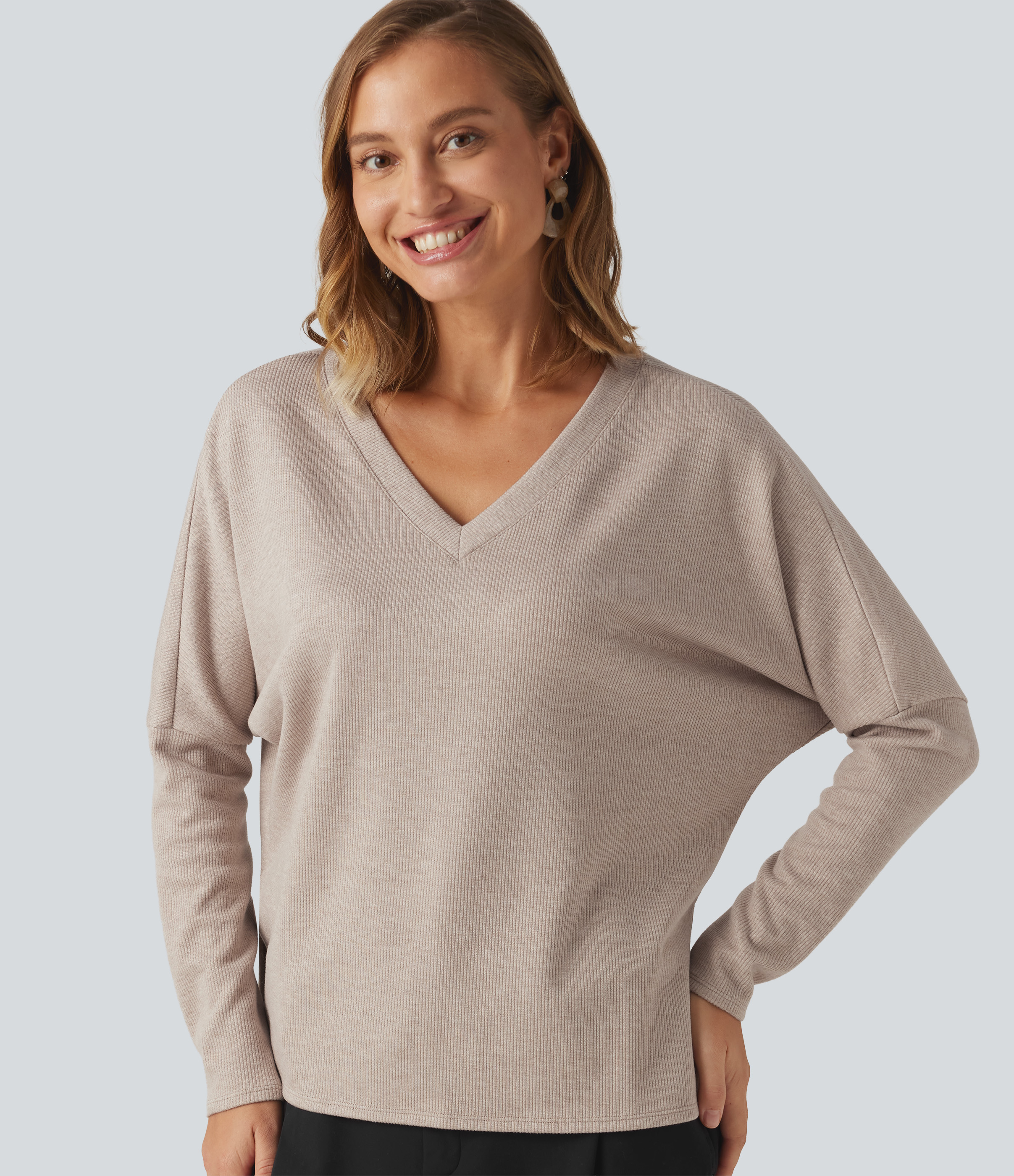 Ribbed V Neck Batwing Long Sleeve Casual Top