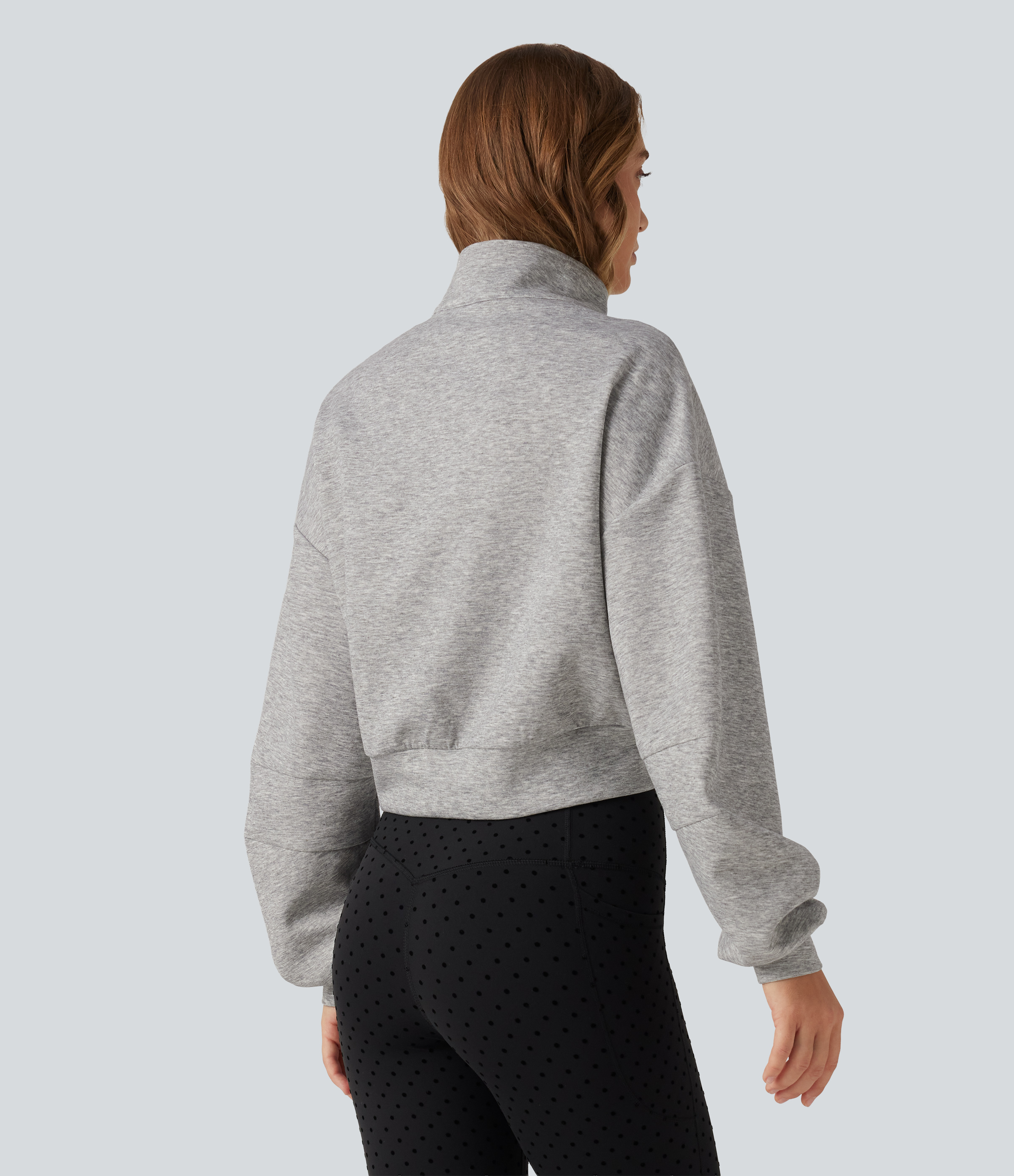 Fog Gray Stand Collar Half-Zip Raglan Long Sleeve Casual Cropped Sweatshirt / 2
