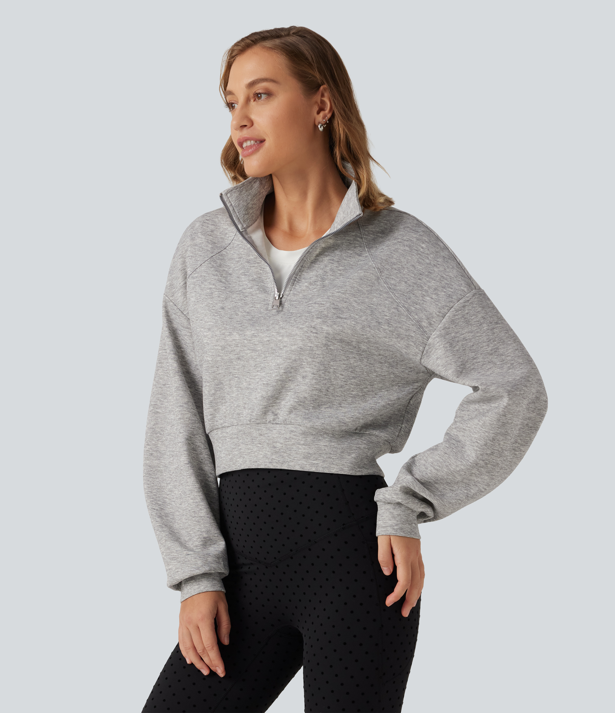 Stand Collar Half-Zip Raglan Long Sleeve Casual Cropped Sweatshirt