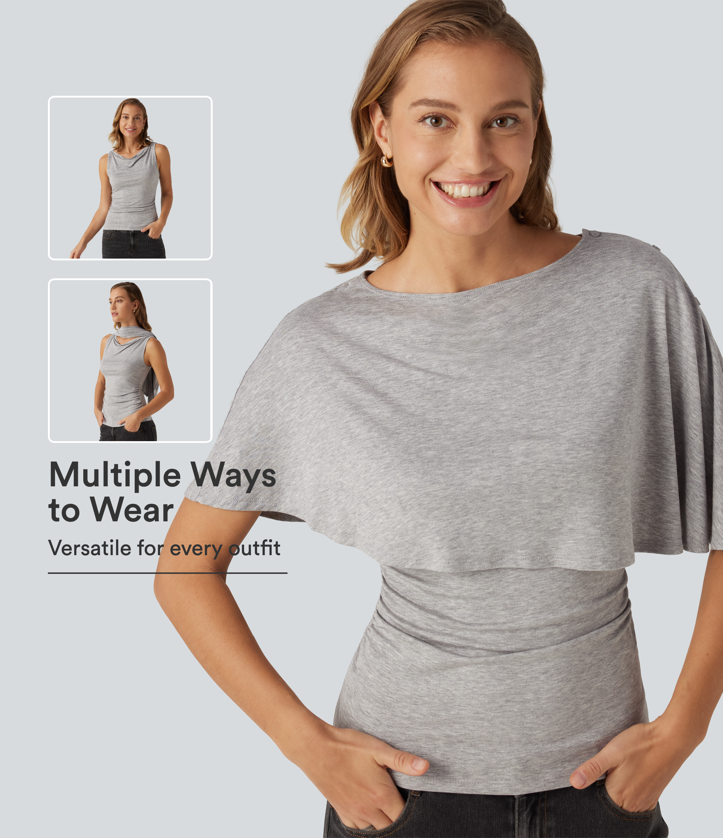 Fog Gray Ribbed Short Sleeve Asymmetric Casual Top / 1