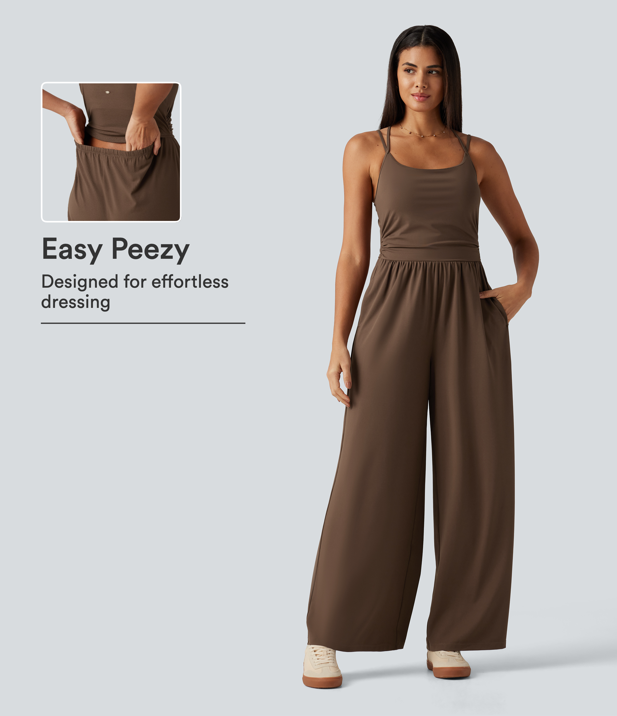 U Neck Sleeveless Crossover Built-in Bra Wide Leg Casual Jumpsuit with Pockets--Easy Peezy