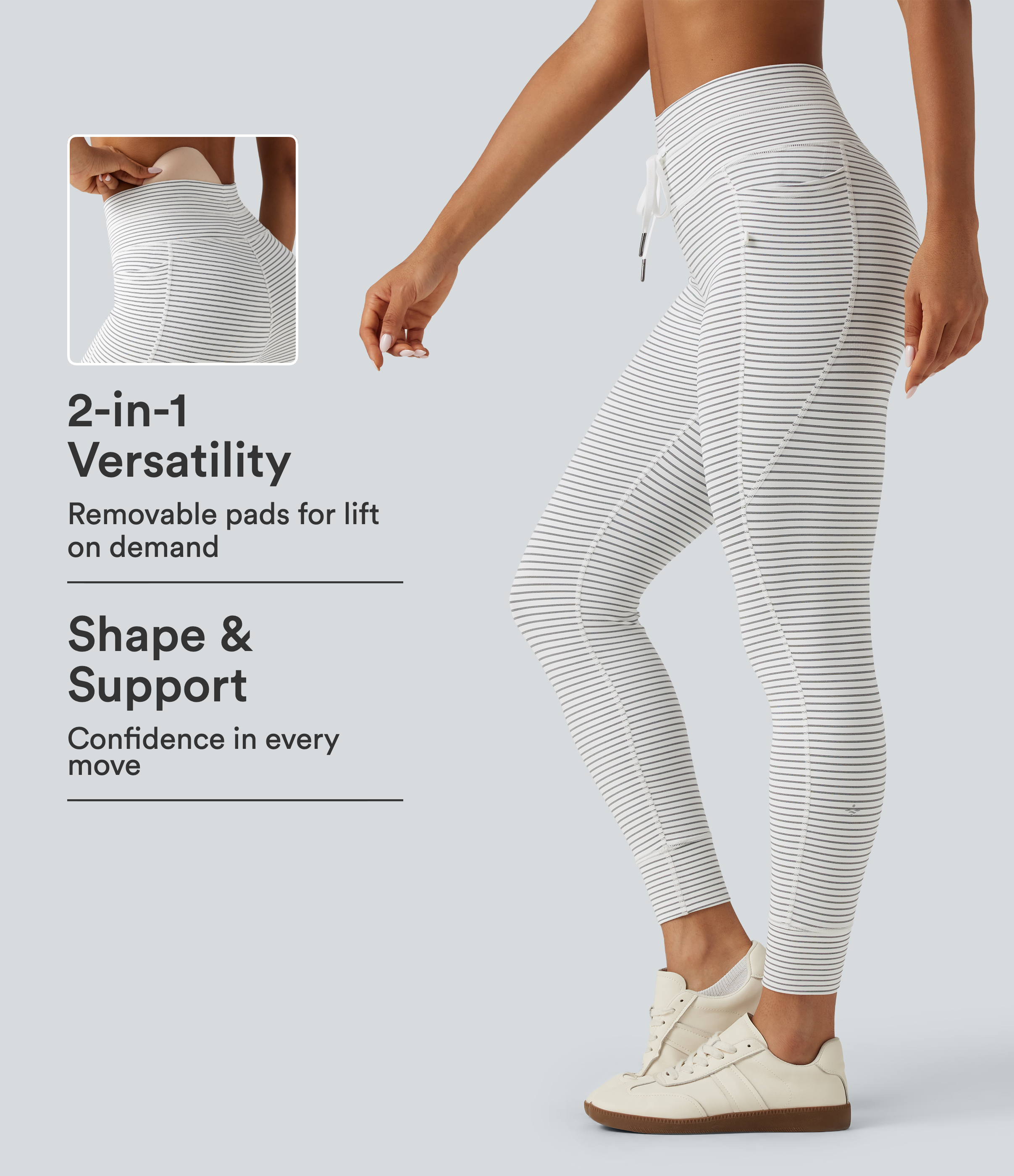 High Waisted Butt Lifting Drawstring Stripe Yoga Leggings with Pockets