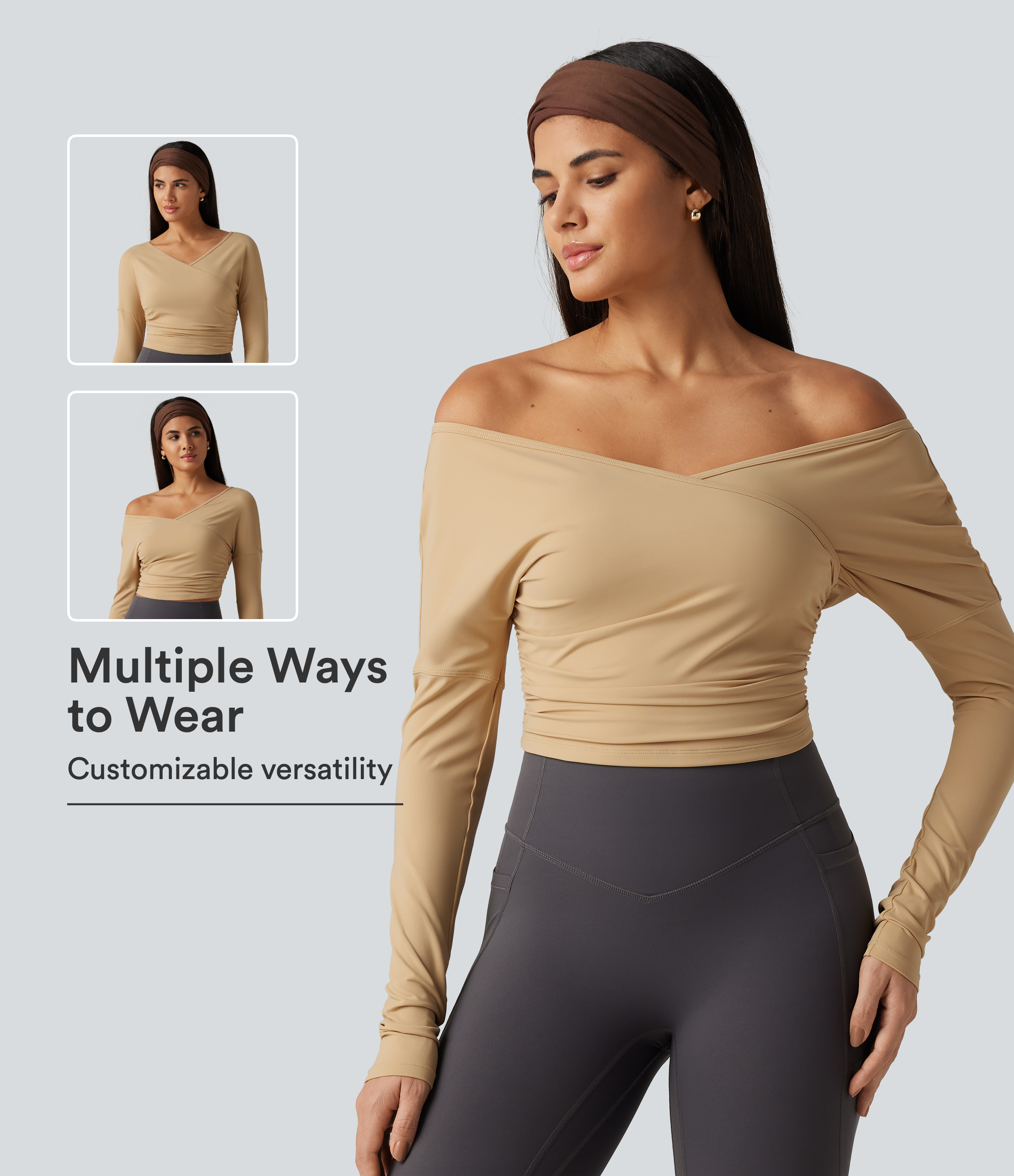 SoftlyZero Airy V Neck Long Sleeve Ruched Crossover InstantCool Yoga Sports Top