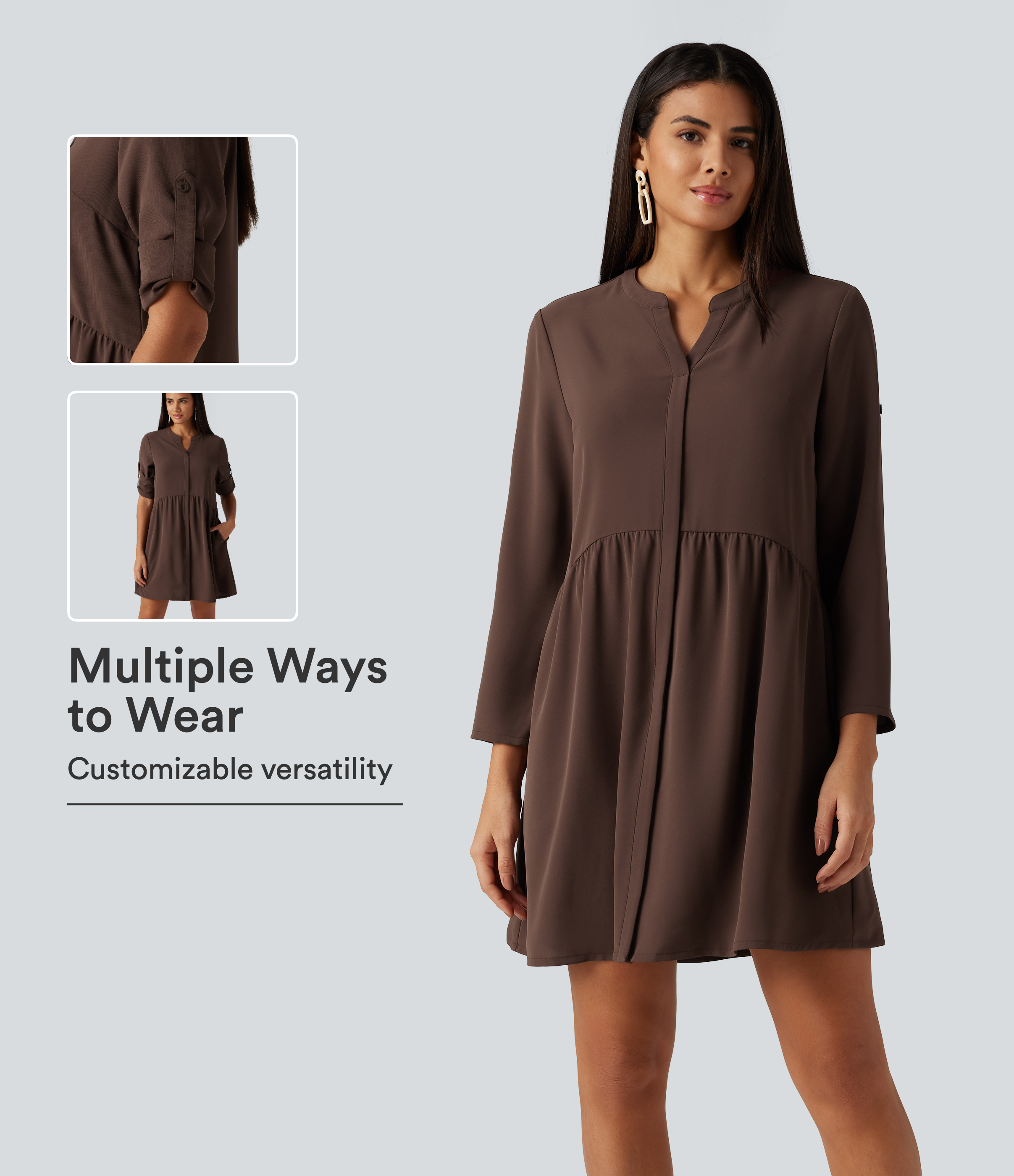 Notched Collar Long Sleeve Mini Casual Shirt Dress with Pockets
