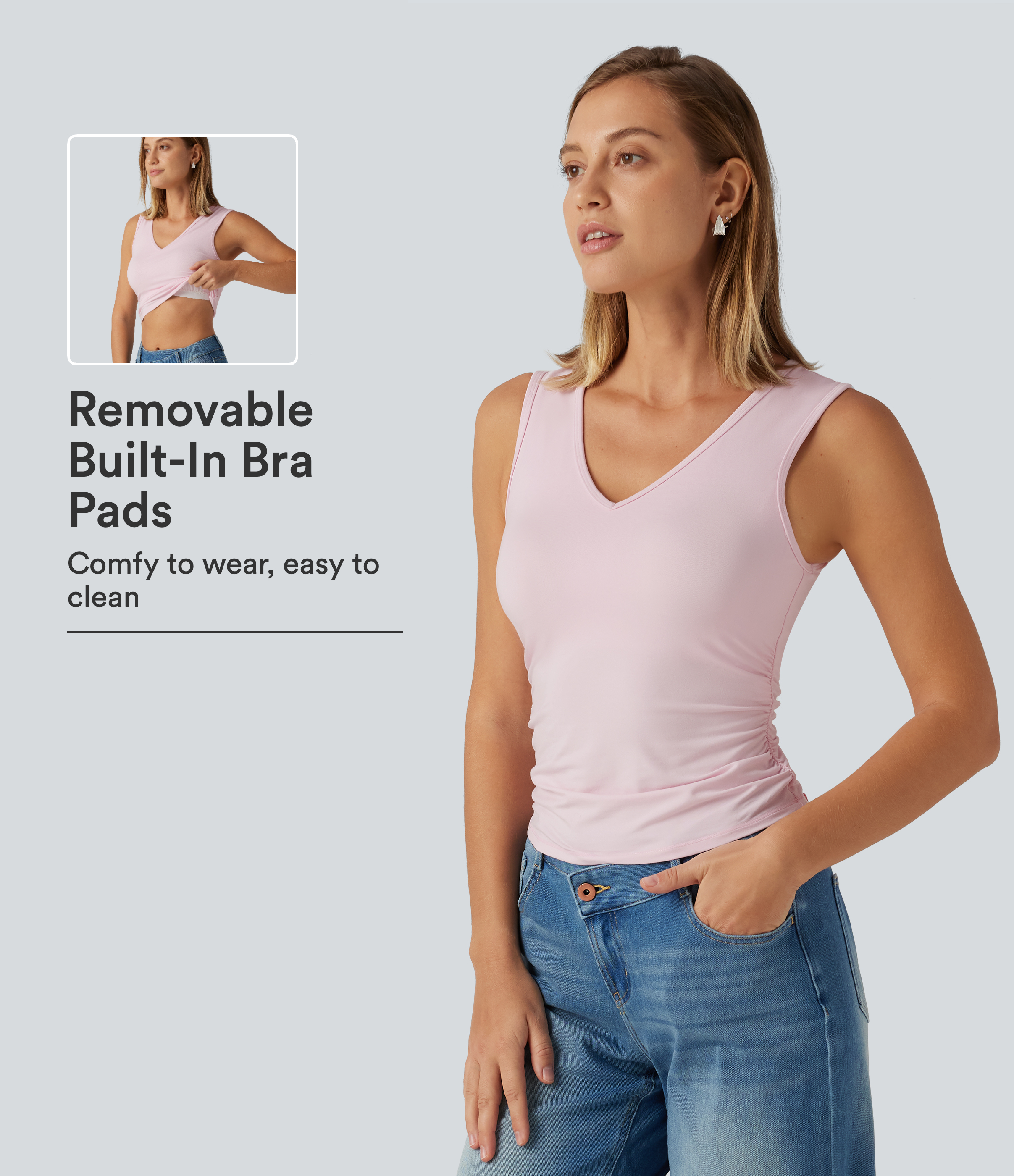 V Neck Ruched Built-in Bra Casual Tank Top 