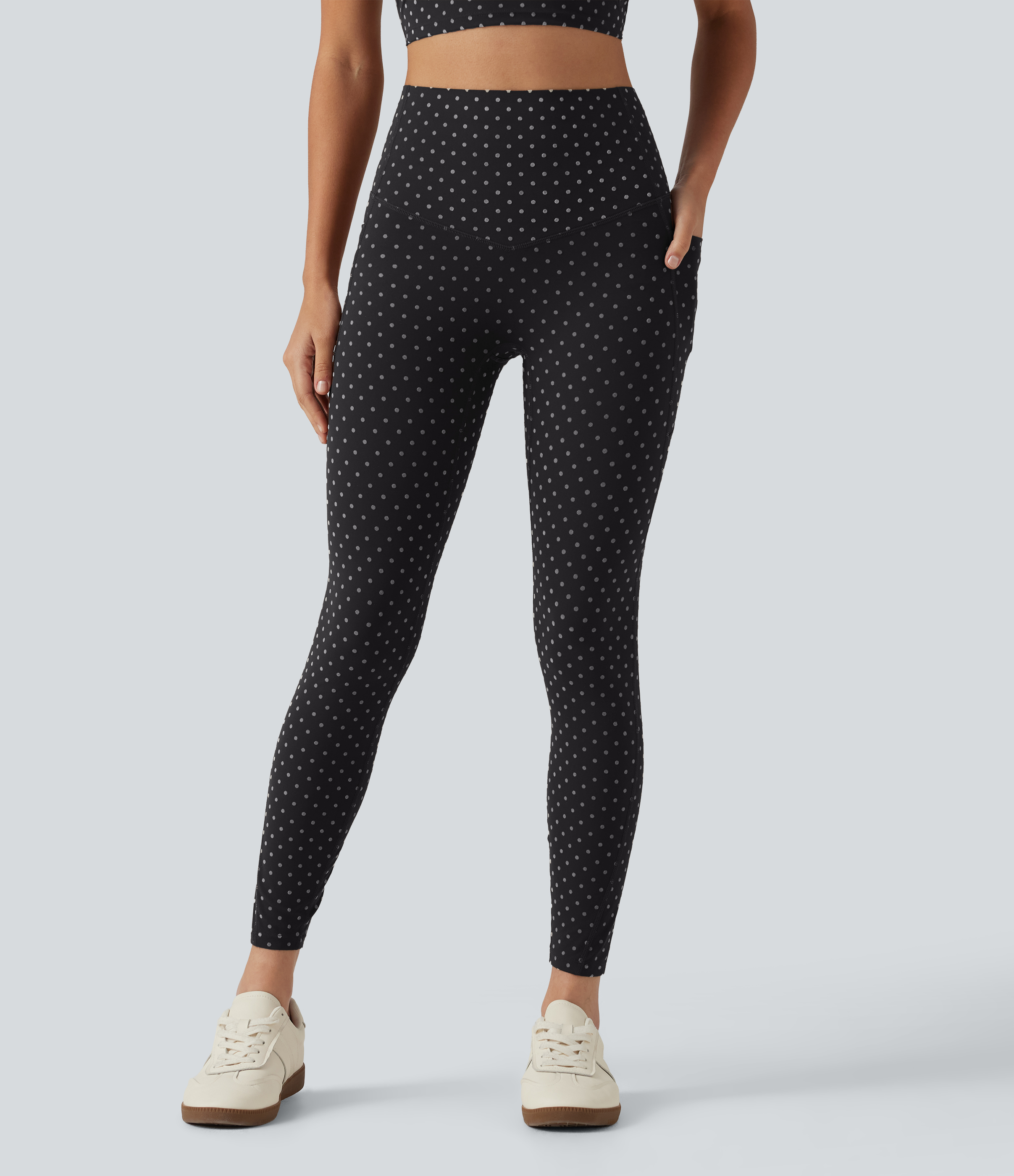 Midnight Black Dot Halara UltraSculpt™ Flocked High Waisted Tummy Control Polka Dot Workout Leggings with Pockets / 2