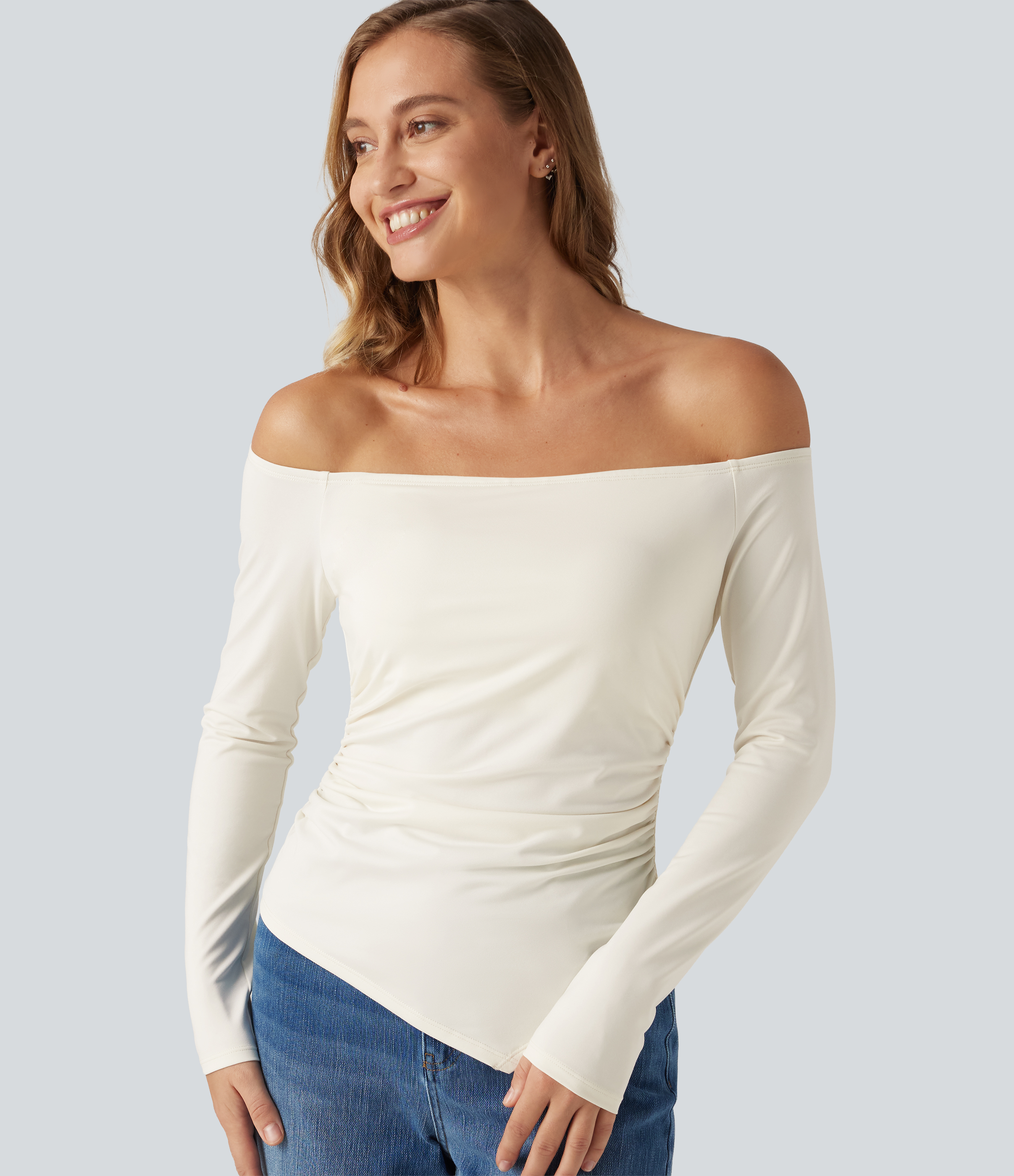 Off Shoulder Built-in Bra Long Sleeve Asymmetric Hem Casual Top