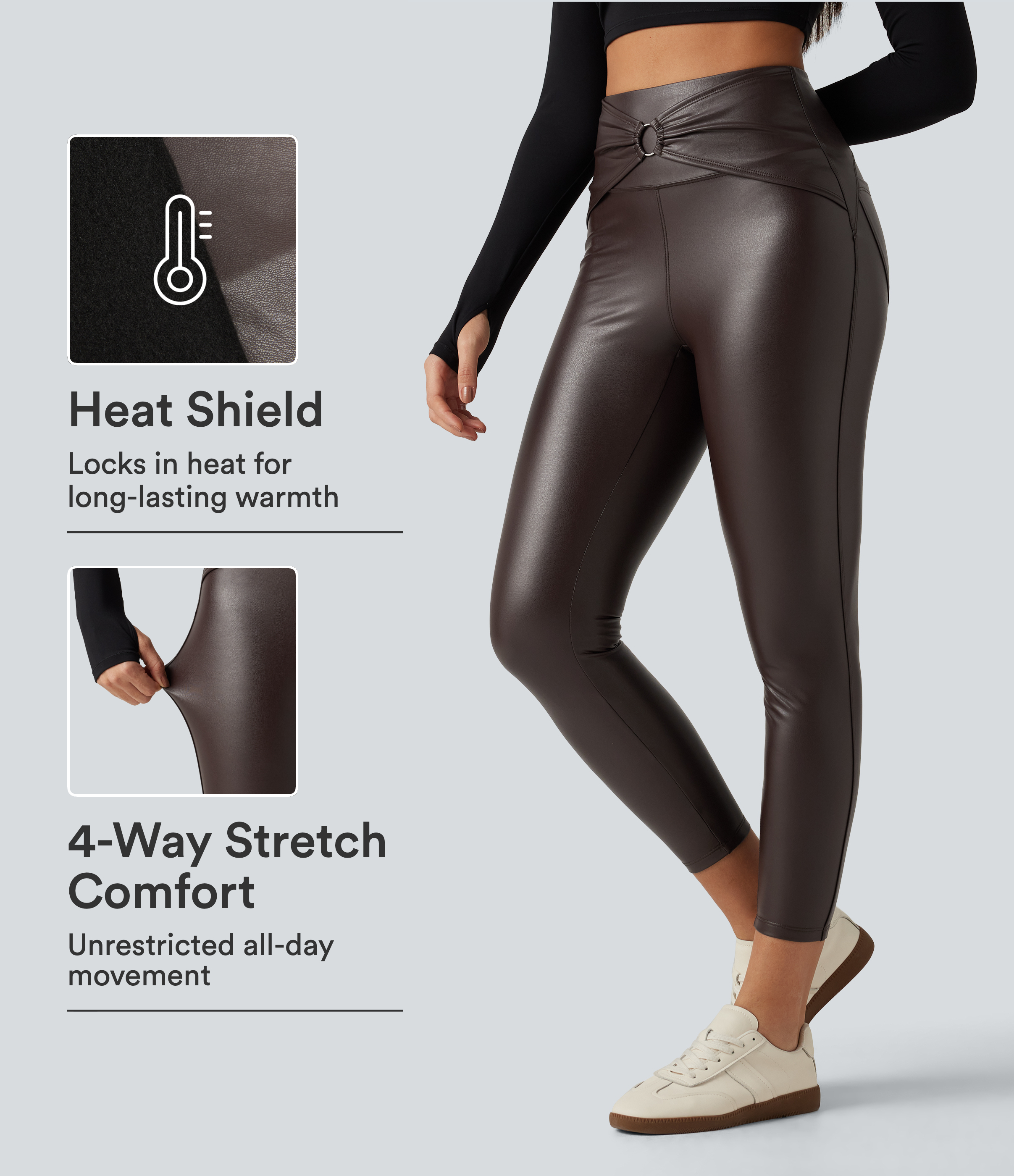 High Waisted Ruched Stretchy PU Fleece Yoga Leggings with Pockets