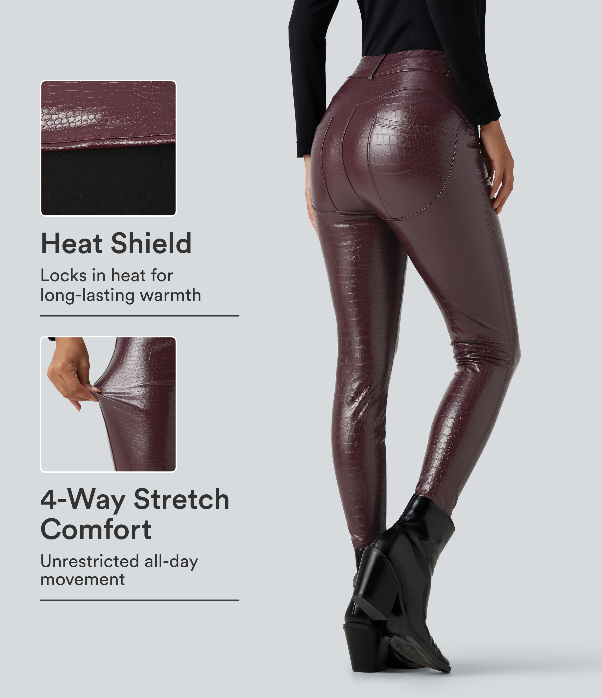 High Waisted Snakeskin Print Stretchy PU Fleece Casual Leggings with Pockets