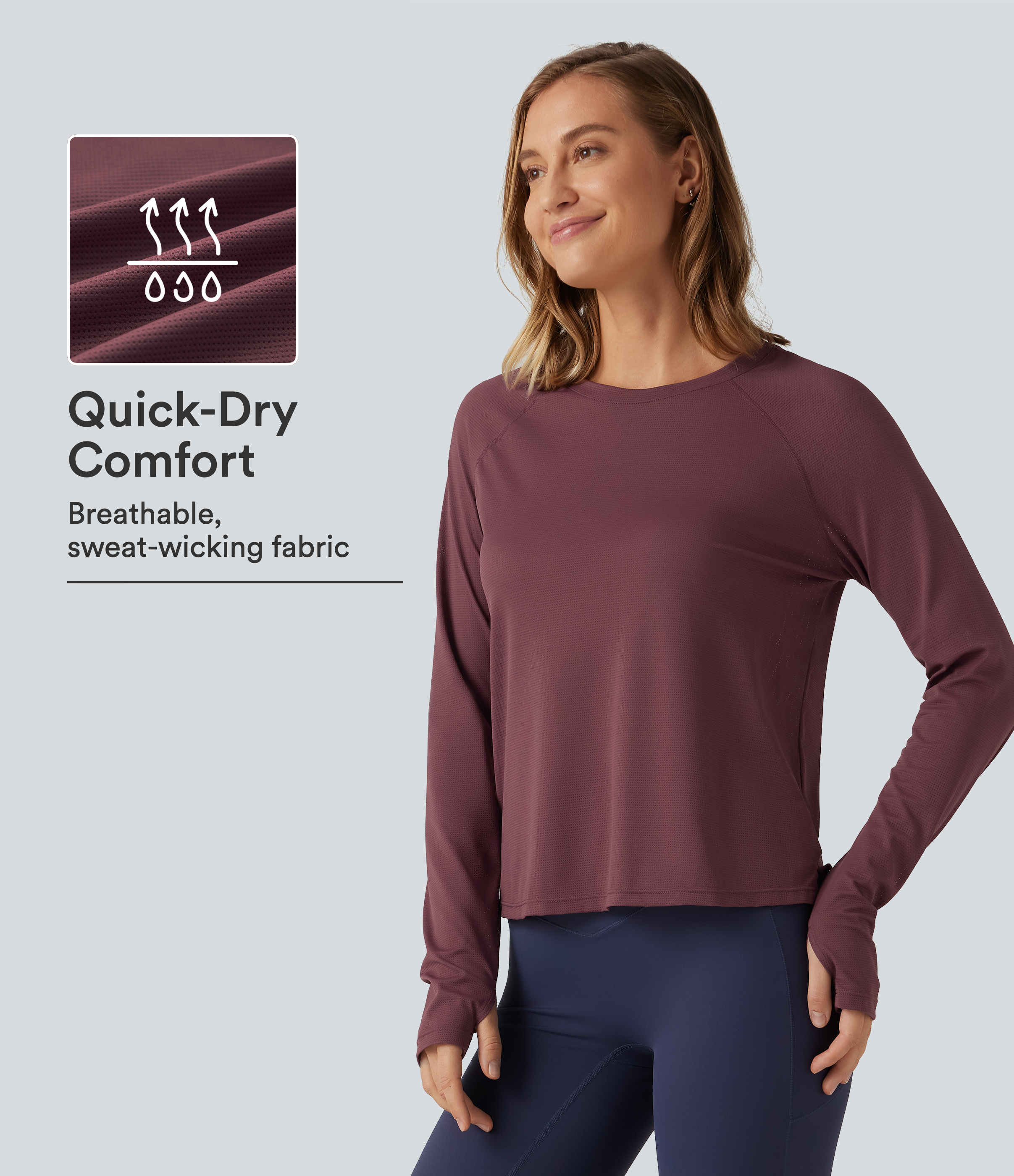 Round Neck Mesh Raglan Long Sleeve Thumb Holes Quick Dry Running Sports Top 