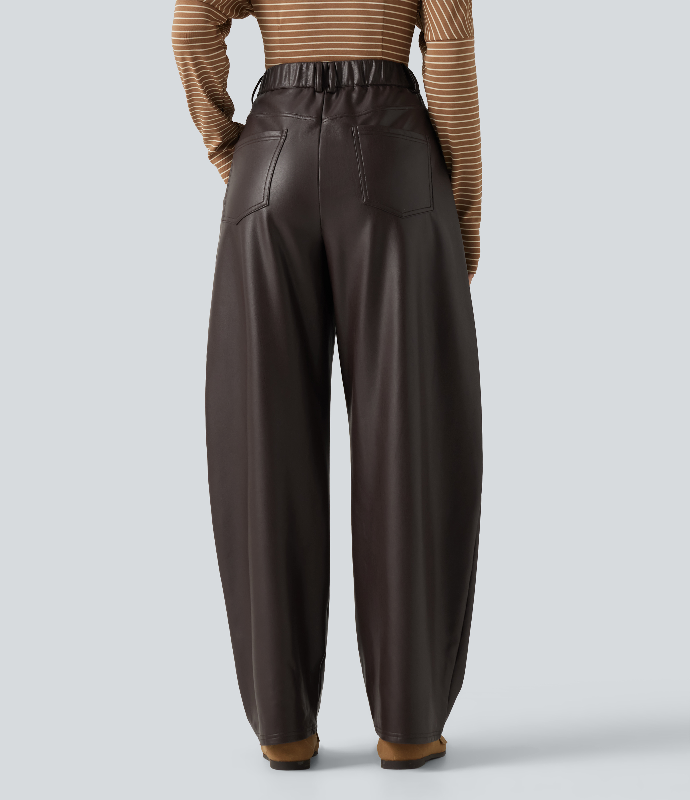 Hot Fudge High Waisted Barrel Leg Stretchy PU Fleece Casual Pants with Pockets / 2