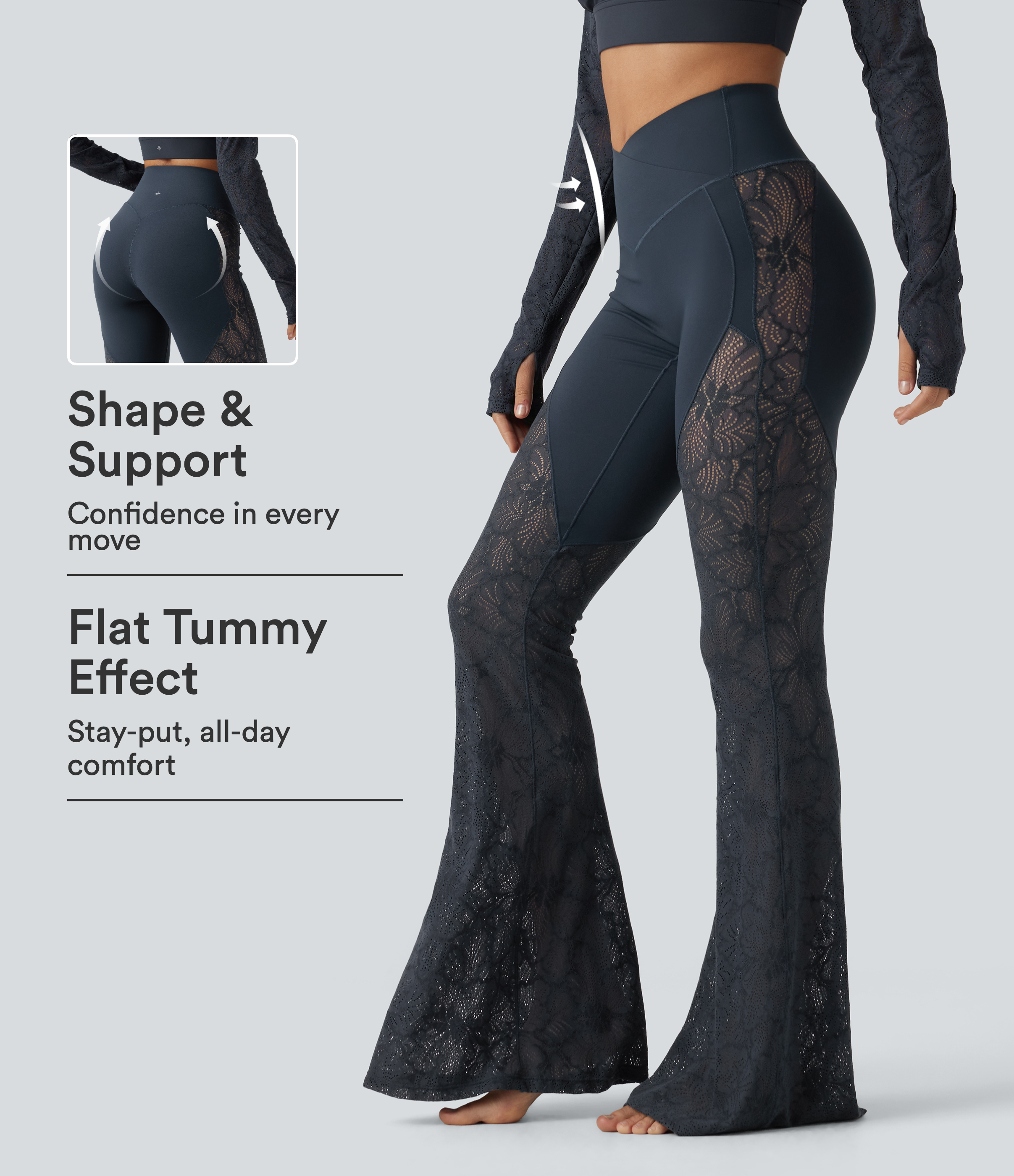 Halara UltraSculpt™ leggings évasés de yoga, taille haute, empiècement croisé à la taille, effet gainant pour le ventre, dentelle contrastée et poches