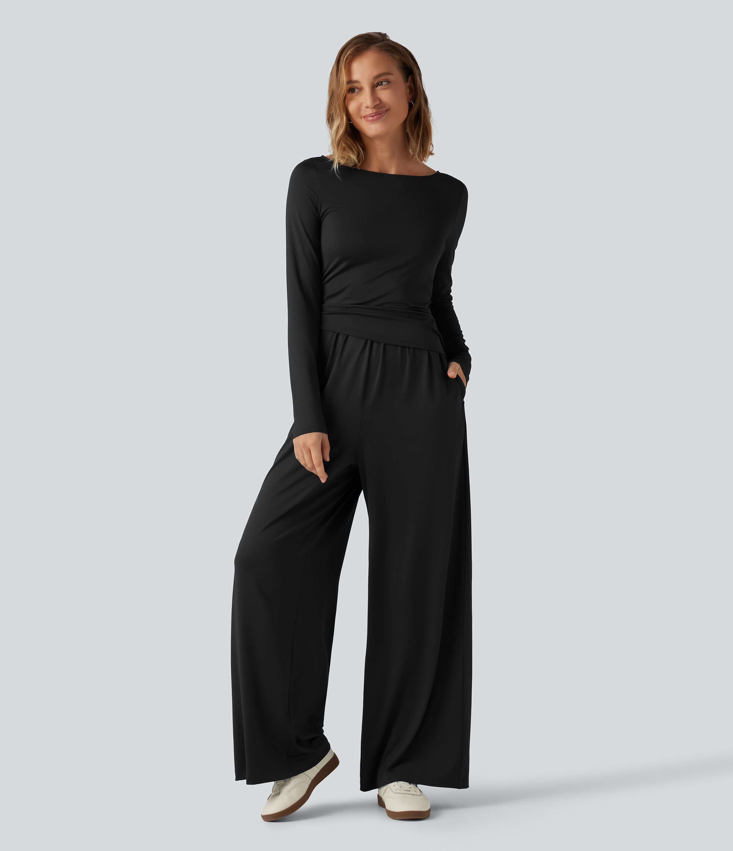 Boat Neck Long Sleeve Wide Leg Ruched Casual Jumpsuit with Pockets-Easy Peezy Edition