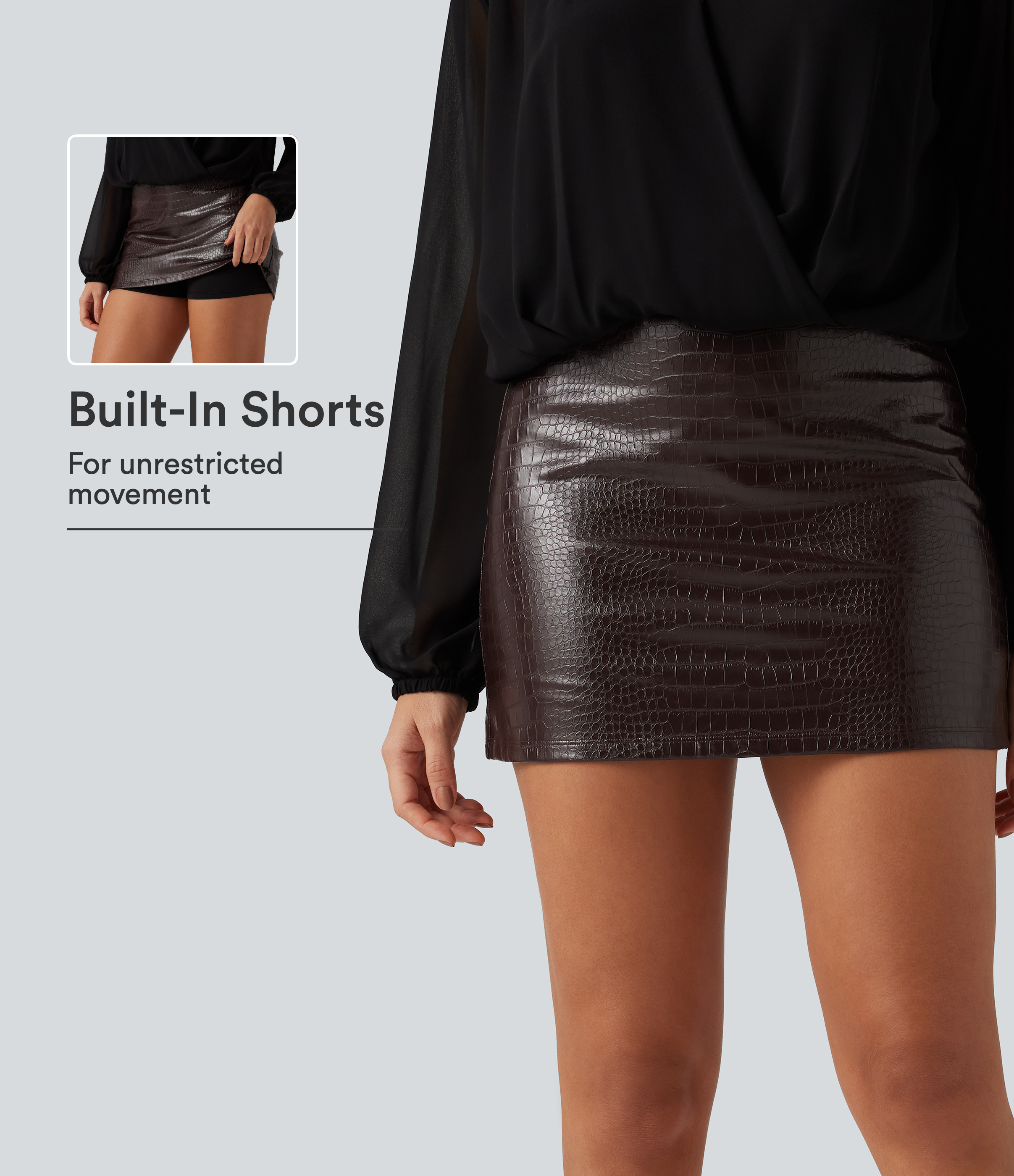 High Waisted 2-in-1 Snakeskin Print Stretchy PU Fleece Mini Casual Skirt