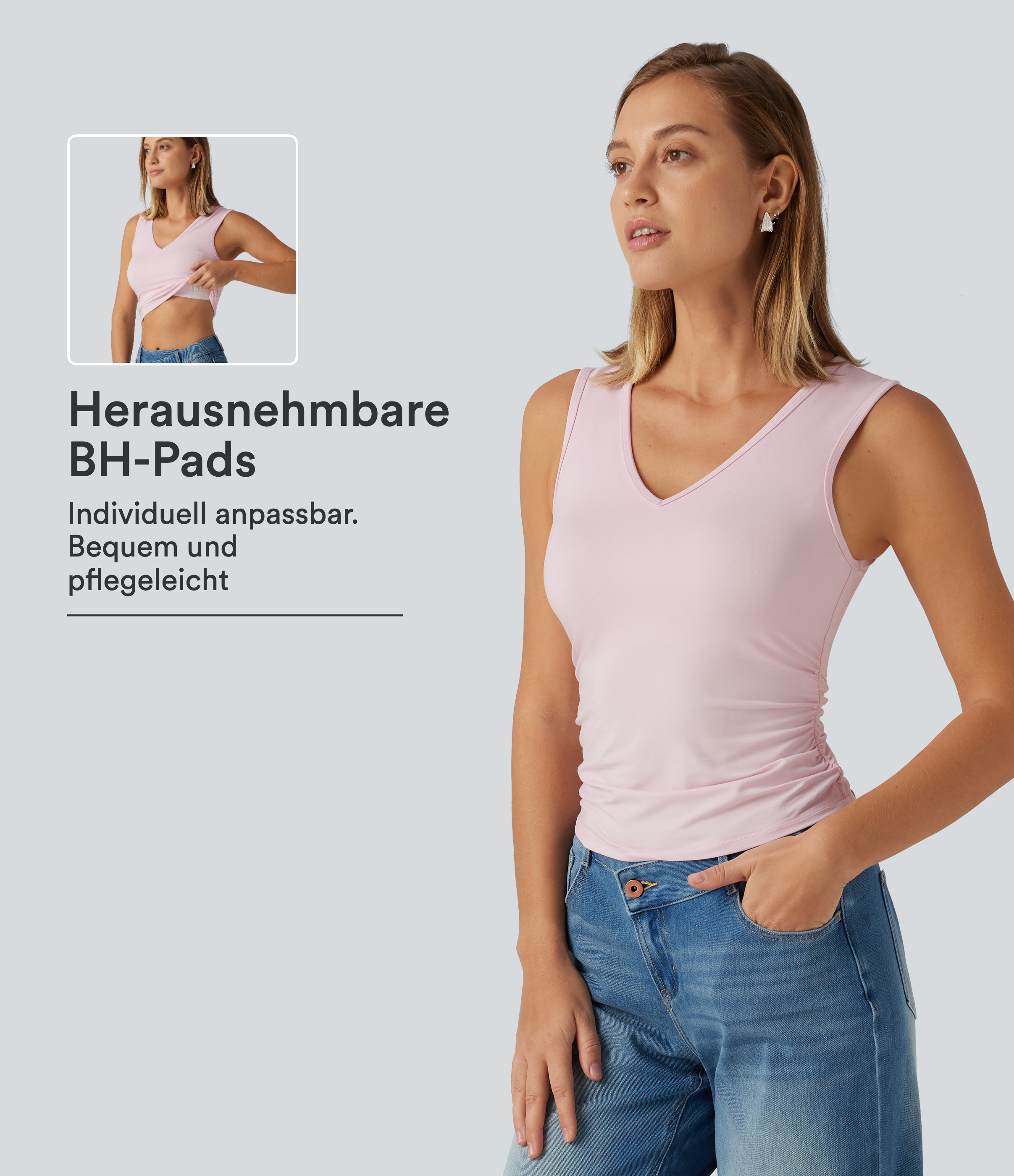 Lässiges, gerafftes Tanktop mit V-Ausschnitt und integriertem BH 