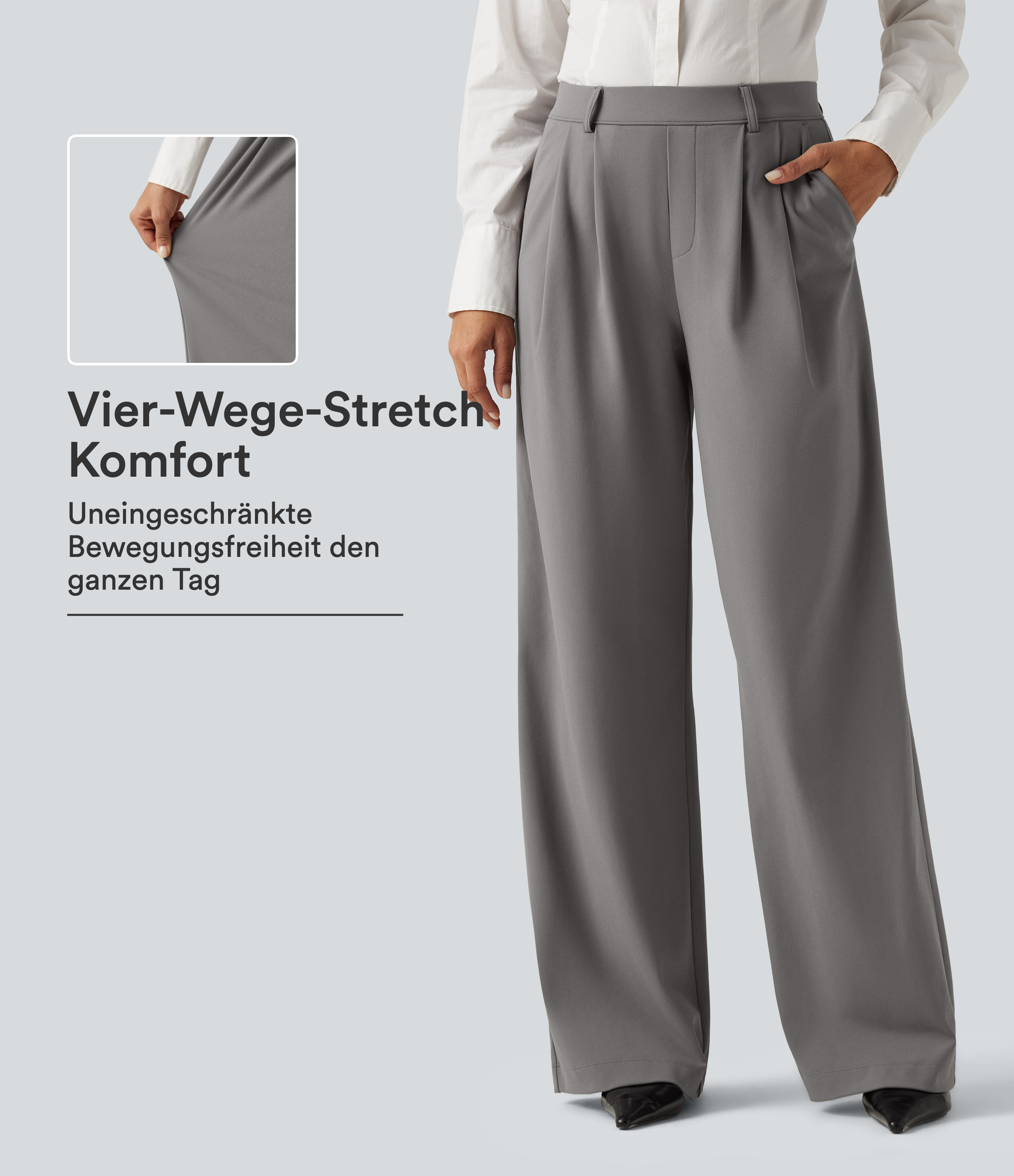 Halara Flex™ DayStretch - Plissierte Bürohose mit hohem Bund, Seitentaschen und weitem Bein