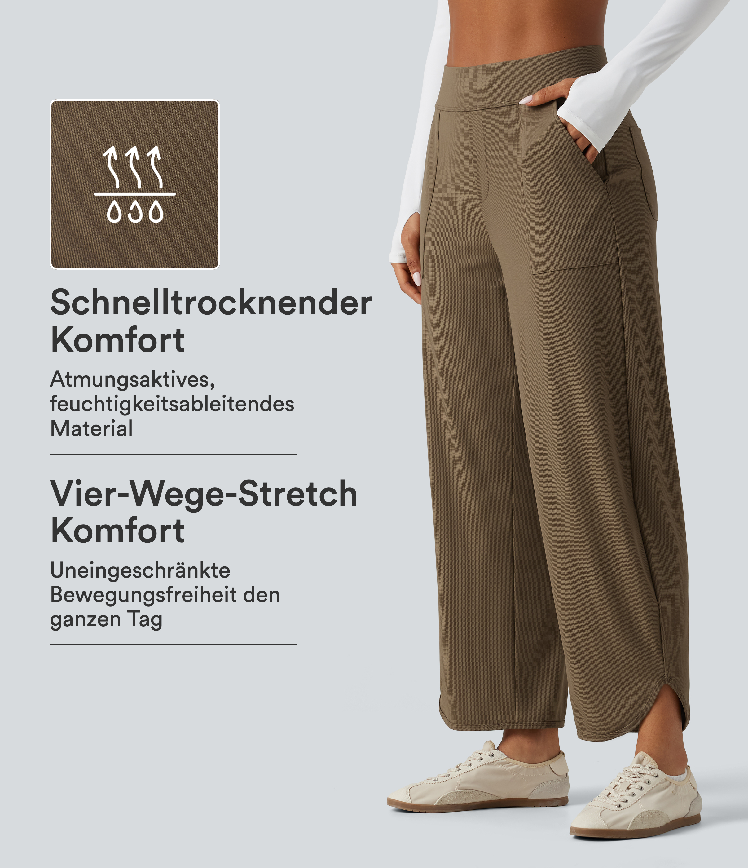 Tanzhose mit hohem Bund, mehreren Taschen, abgerundetem Saum und geschwungenem Bein - schnelltrocknend, UPF40+
