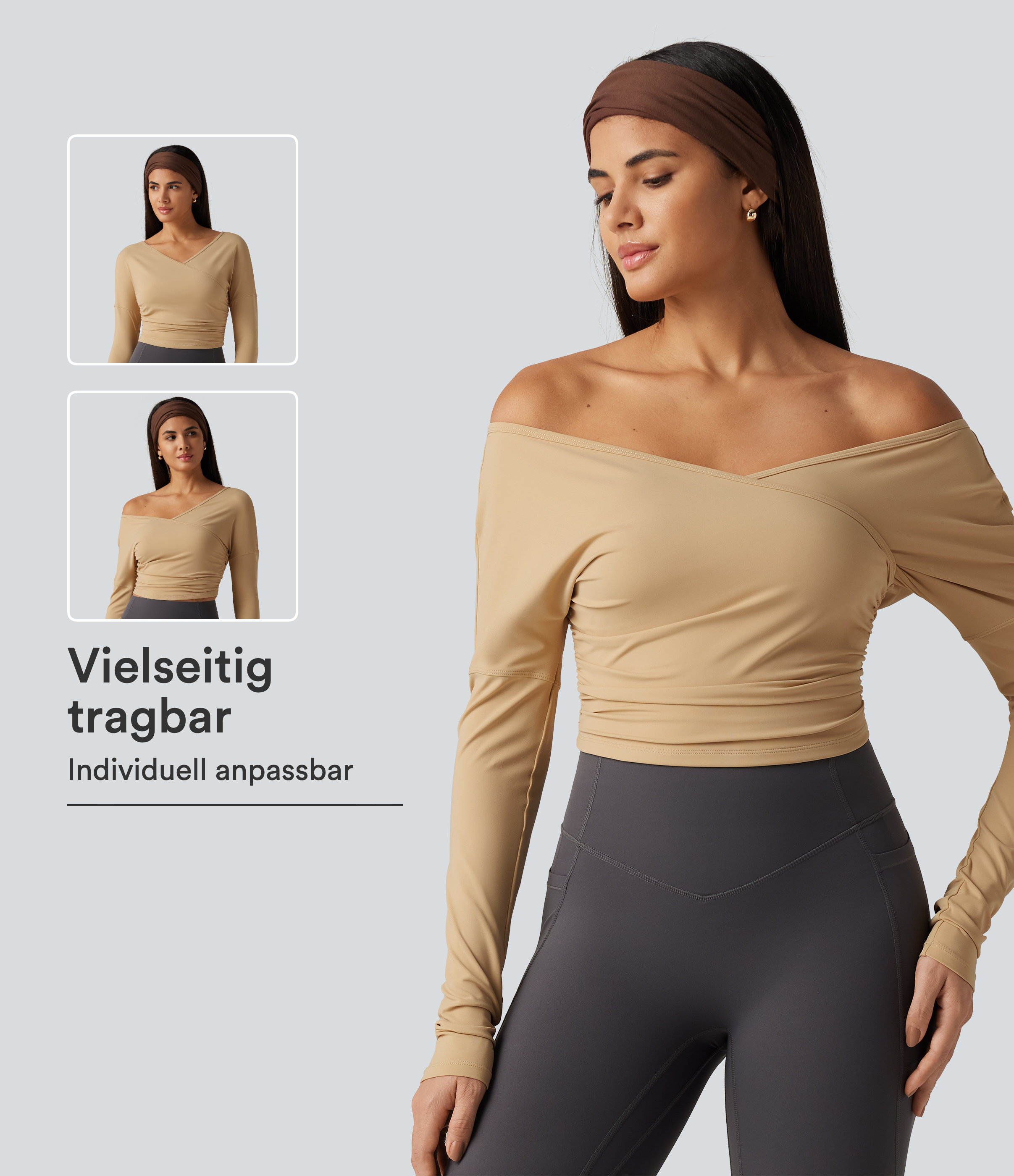 SoftlyZero Airy - Gerafftes Yoga-Sport-Top mit V-Ausschnitt, langen Ärmeln und InstantCool