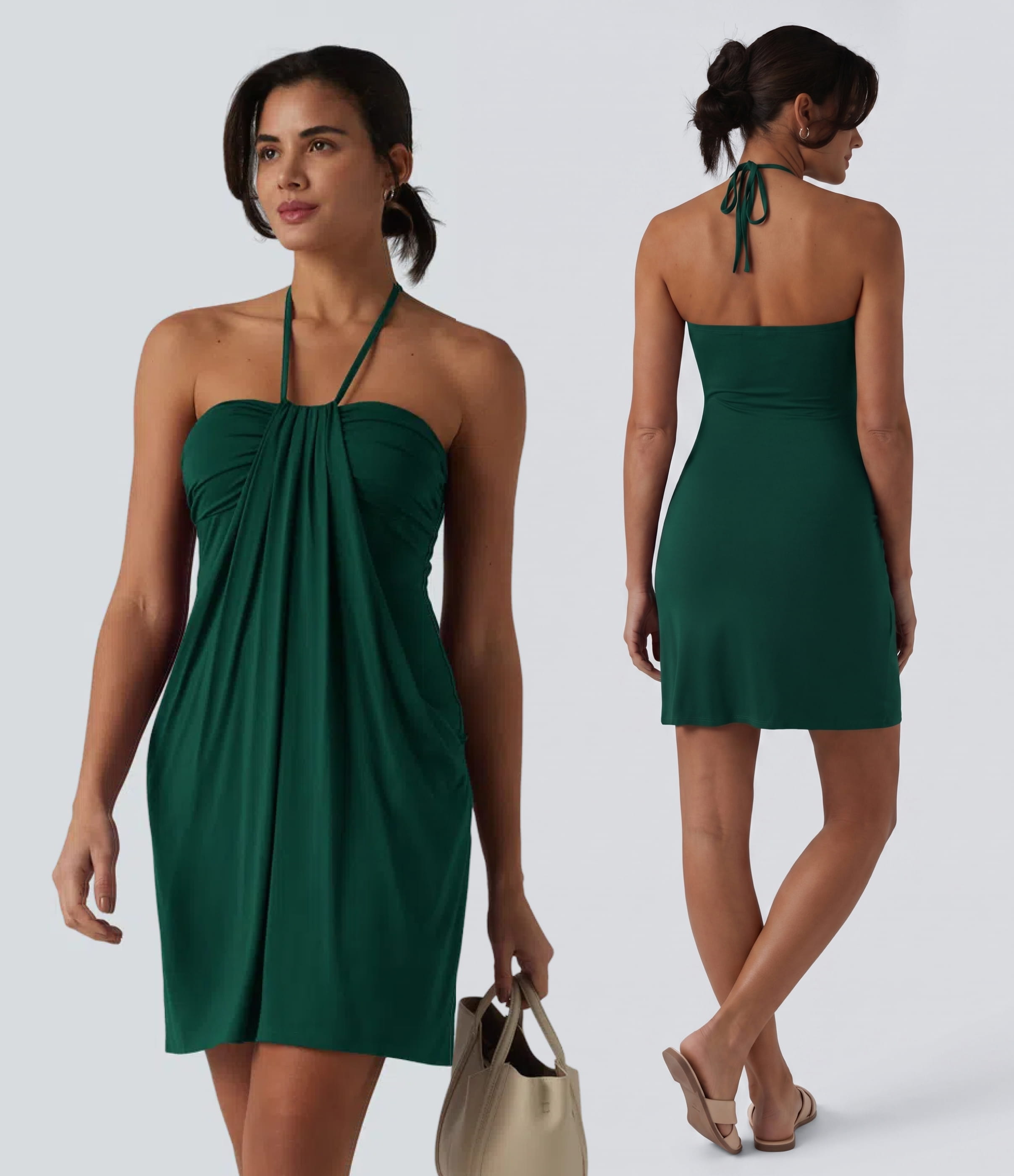 Robe resort mini dos nu à col licou avec lien noué dans le dos et poches
