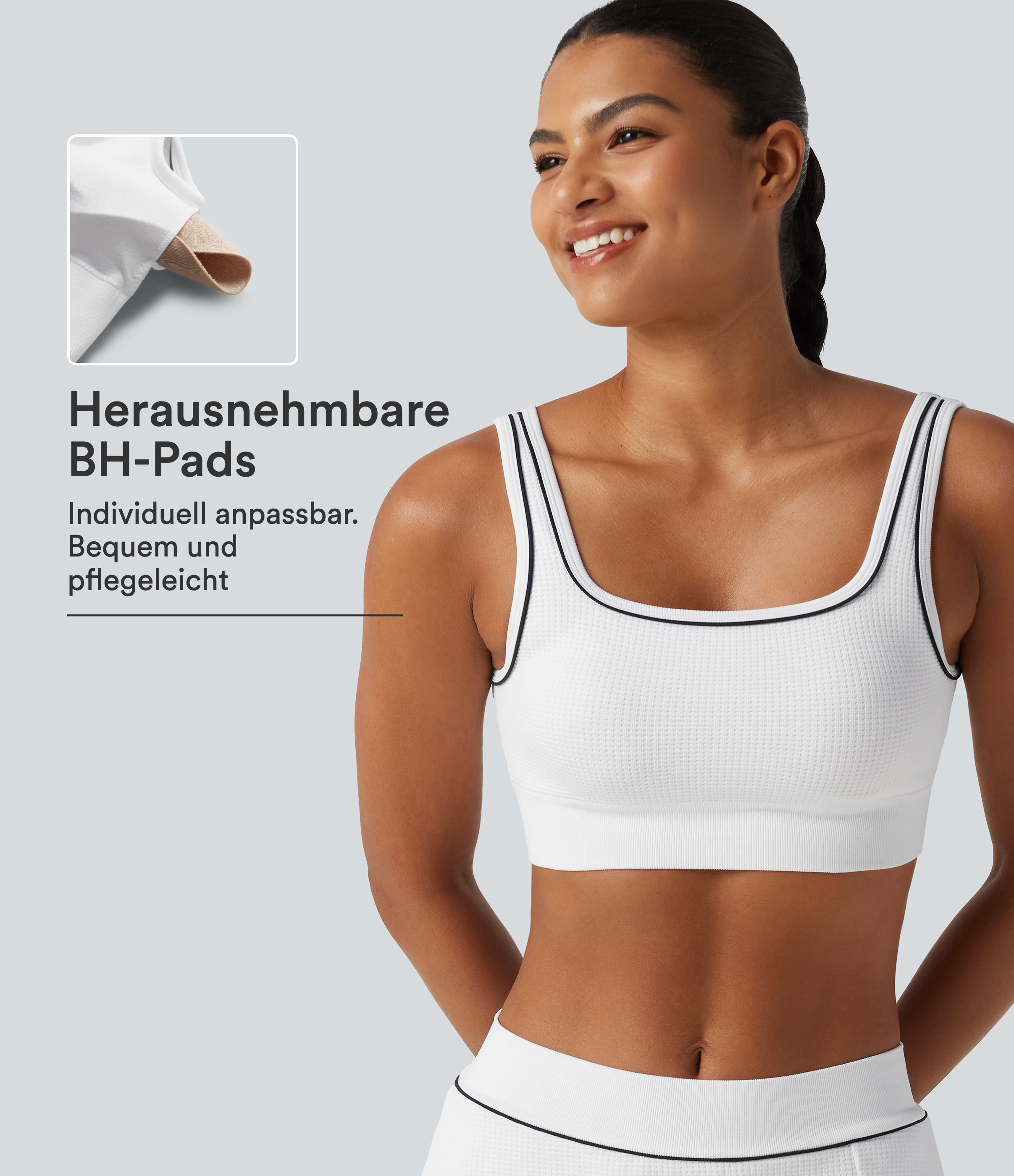 Weiß Workout-Sport-BH mit leichtem Support, eckigem Ausschnitt und Waffelstoff / 1