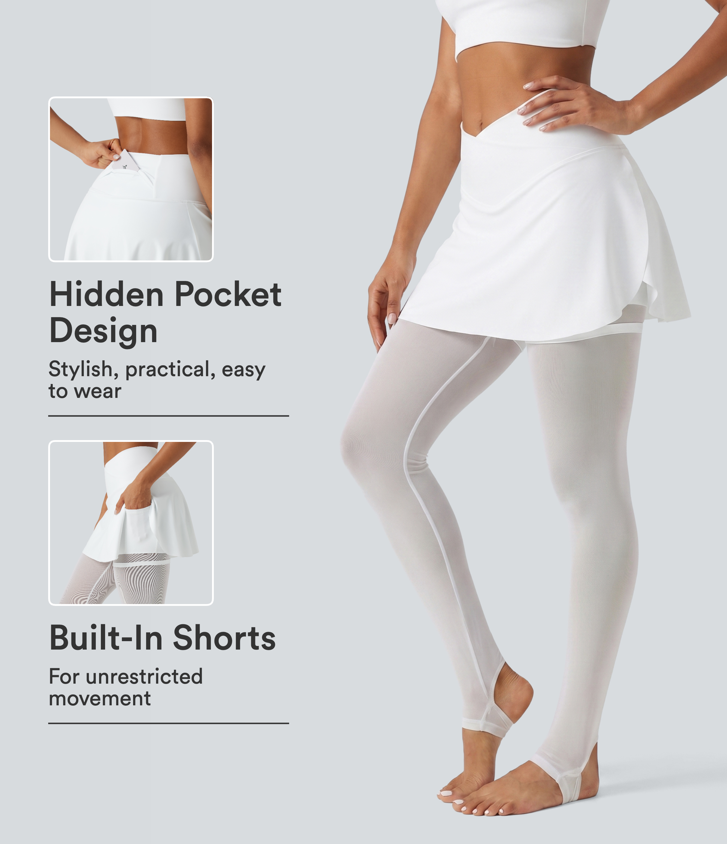 Softlyzero™ Airy High Waisted Crossover 2-in-1 Contrast Mesh InstantCool Workout Stirrup Skirted Leggings with Pockets-UPF50+