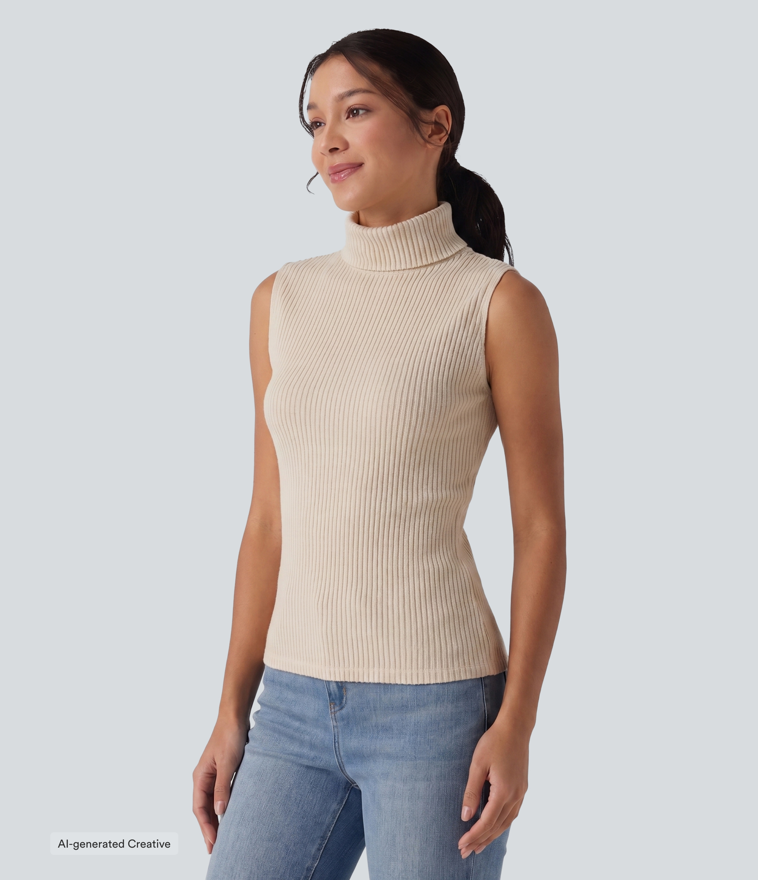 Ribbed Knit High Neck Casual Tank Top