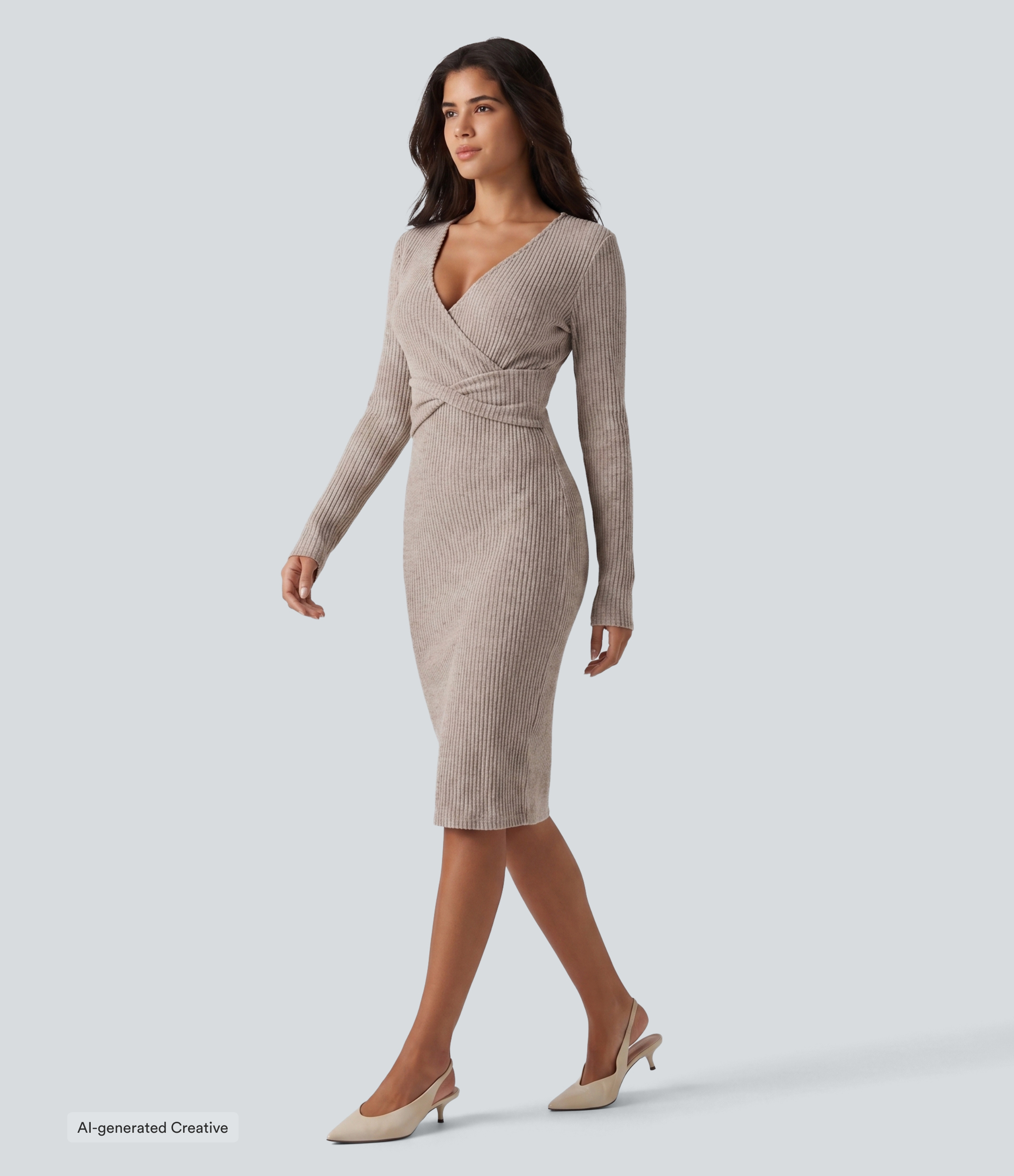 Ribbed Knit V Neck Long Sleeve Bodycon Midi Casual Dress
