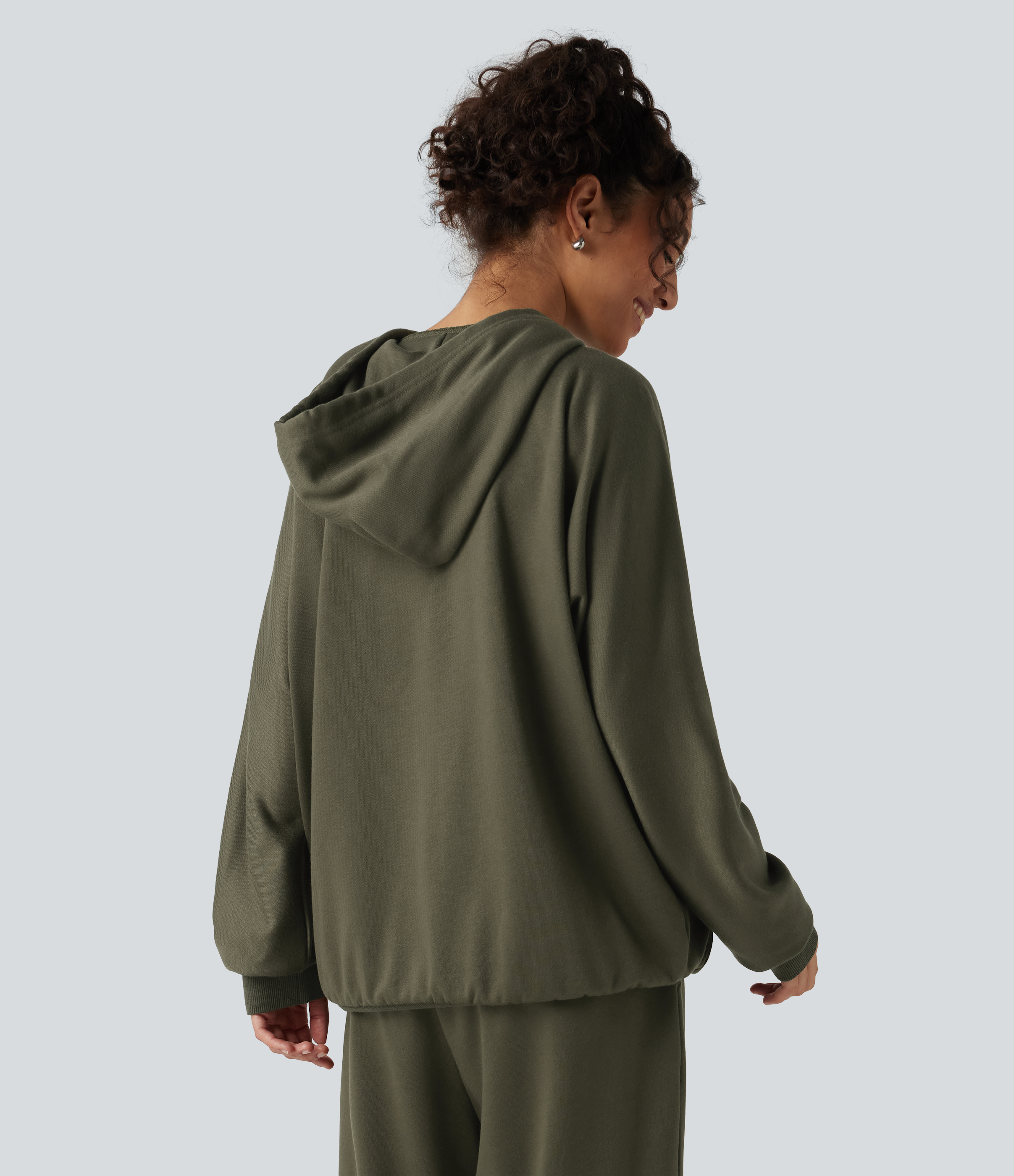 Ivy Green Hooded Round Neck Long Sleeve Casual Sports Sweatshirt with Pocket / 2
