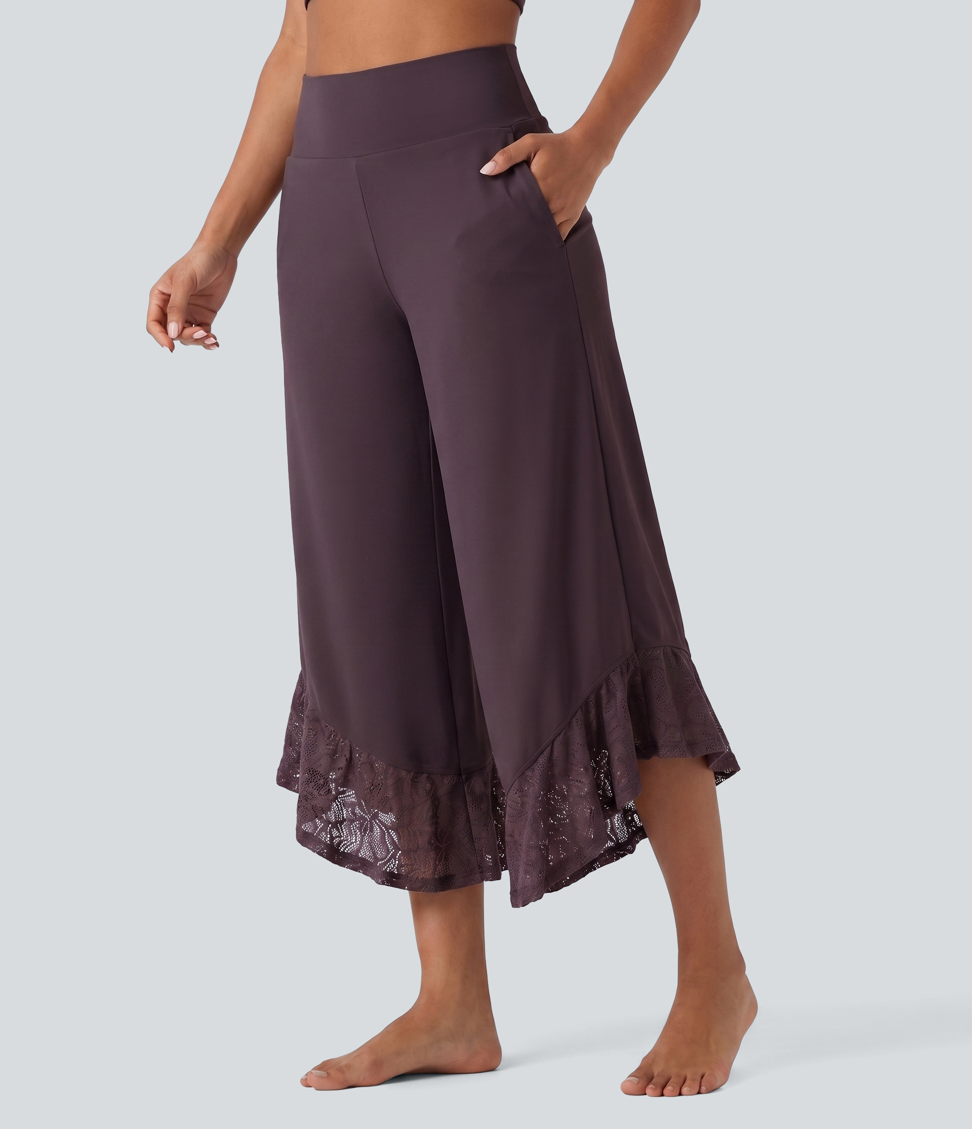 SoftlyZero™ High Waisted Contrast Lace Curved Hem Wide Leg Yoga Pants with Pockets-UPF50+