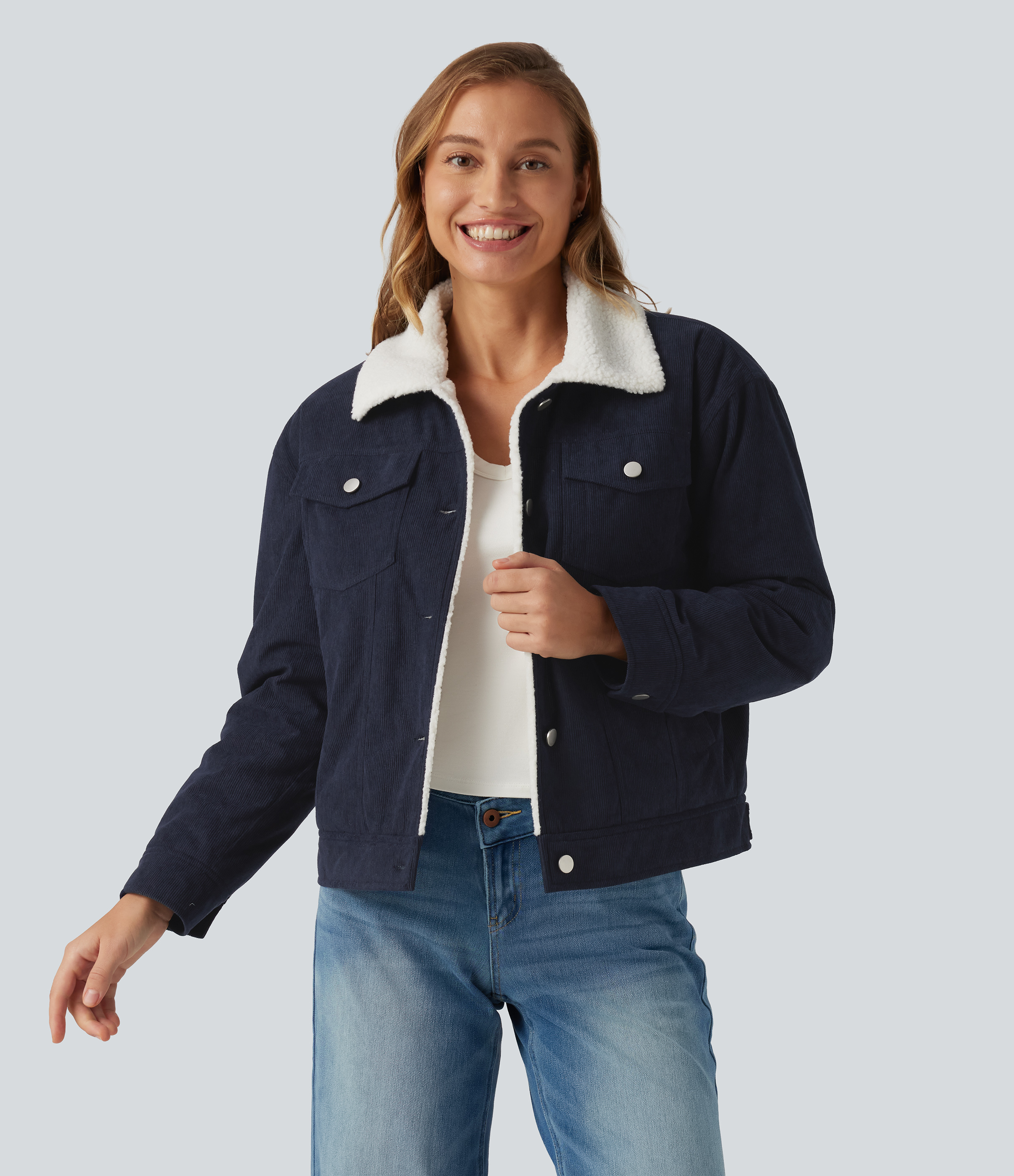 Stand Collar Long Sleeve Corduroy Casual Jacket with Pockets