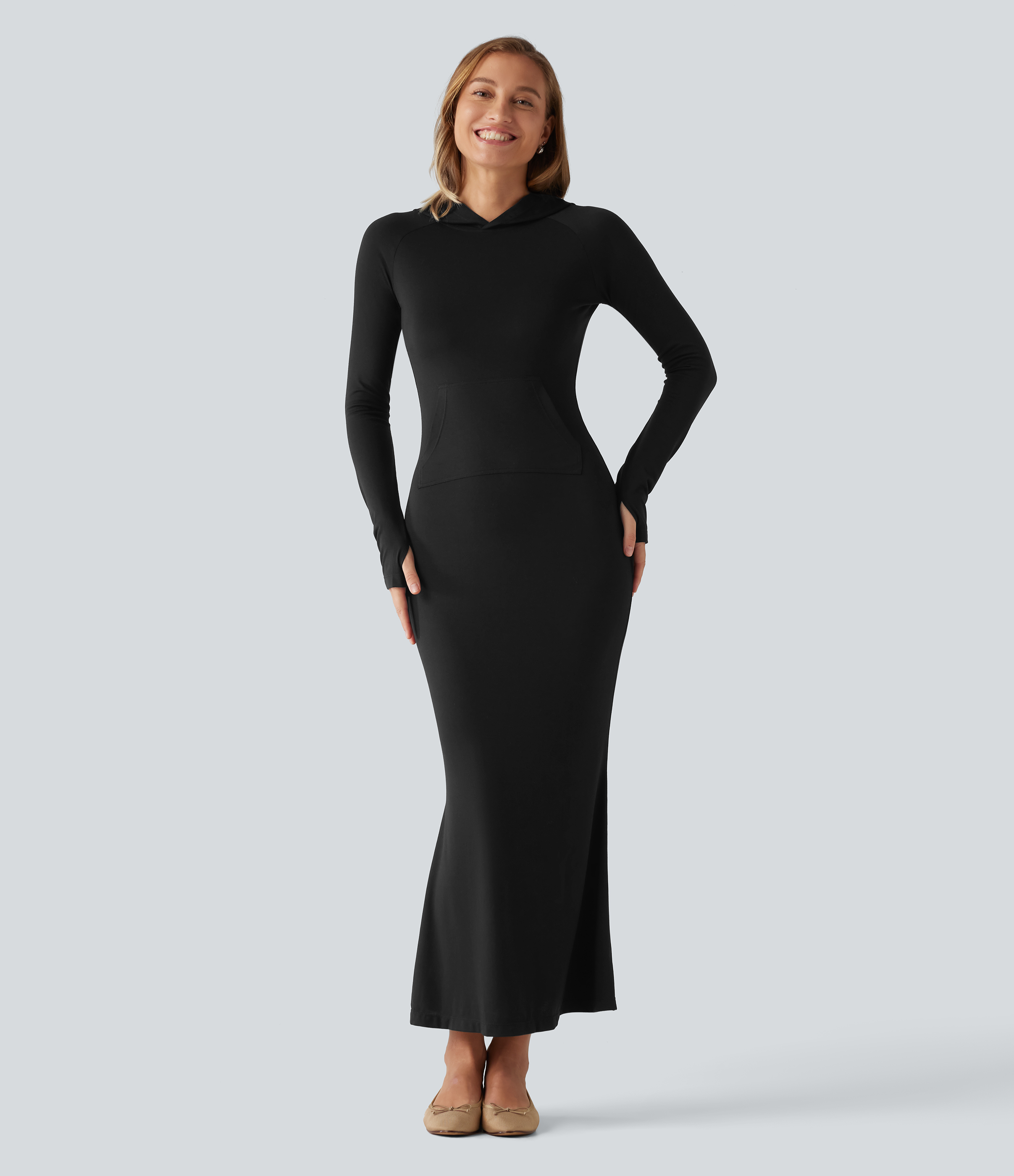Hooded Long Sleeve Thumb Hole A-Line Maxi Casual Dress with Pocket