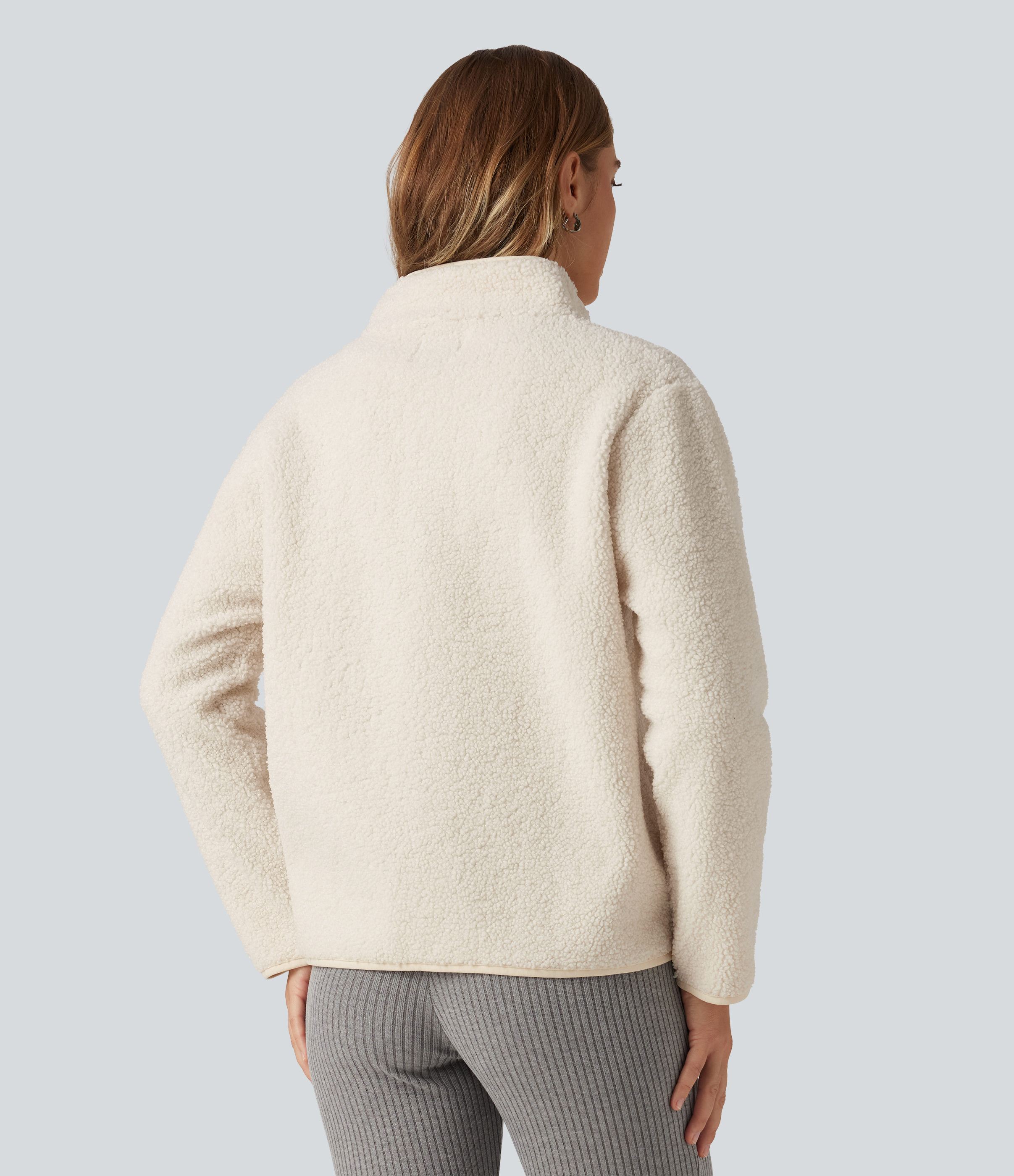 Rice Khaki Veste sherpa manches longues avec col montant et poches / 2