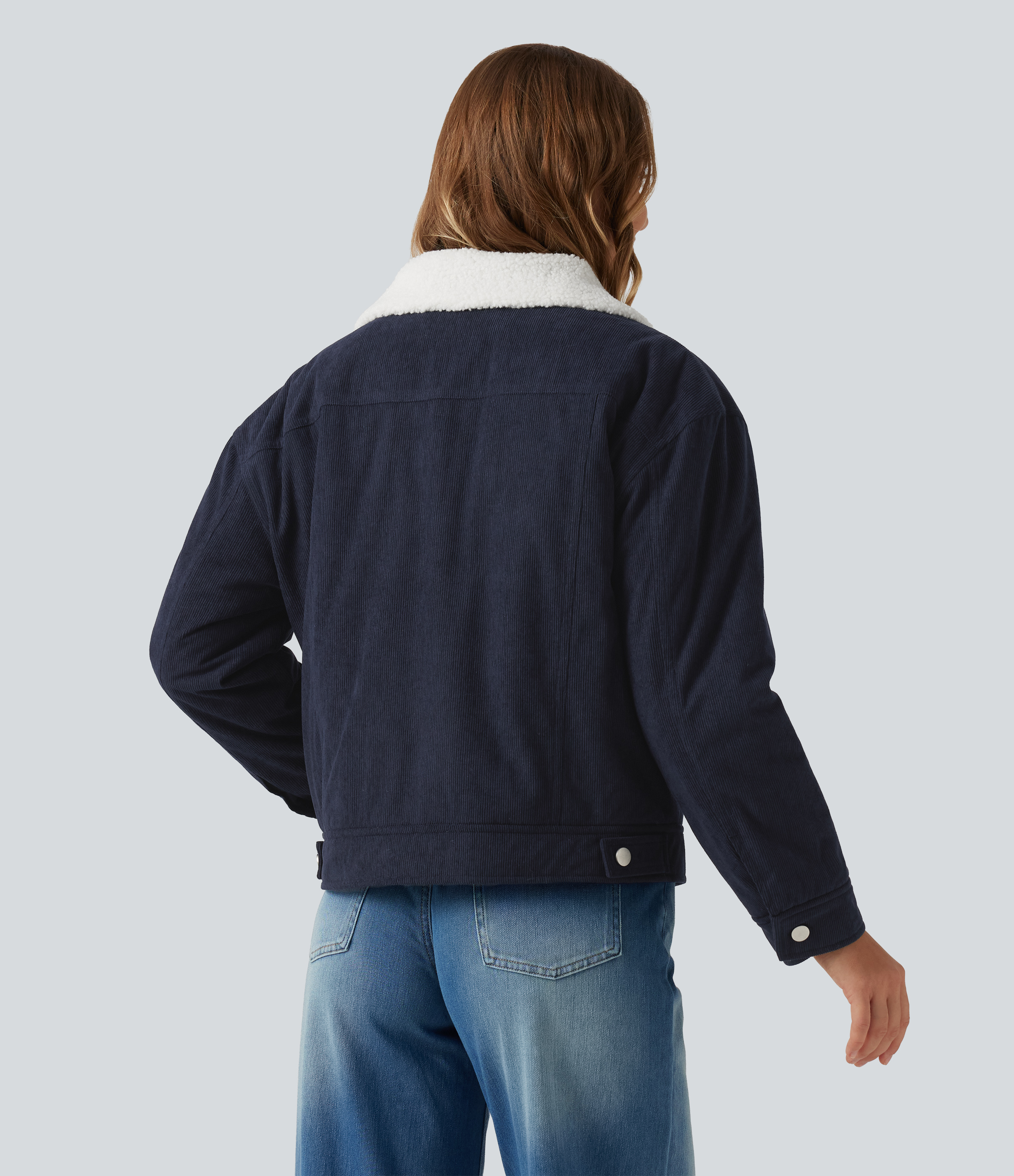 Navy Stand Collar Long Sleeve Corduroy Casual Jacket with Pockets / 2