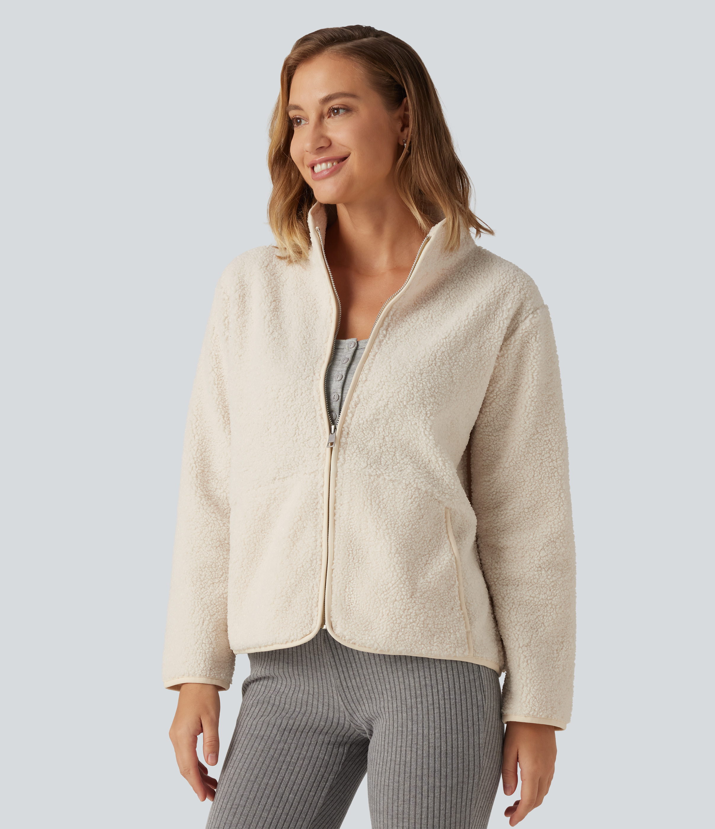 Long Sleeve Casual Sherpa Jacket with Pockets