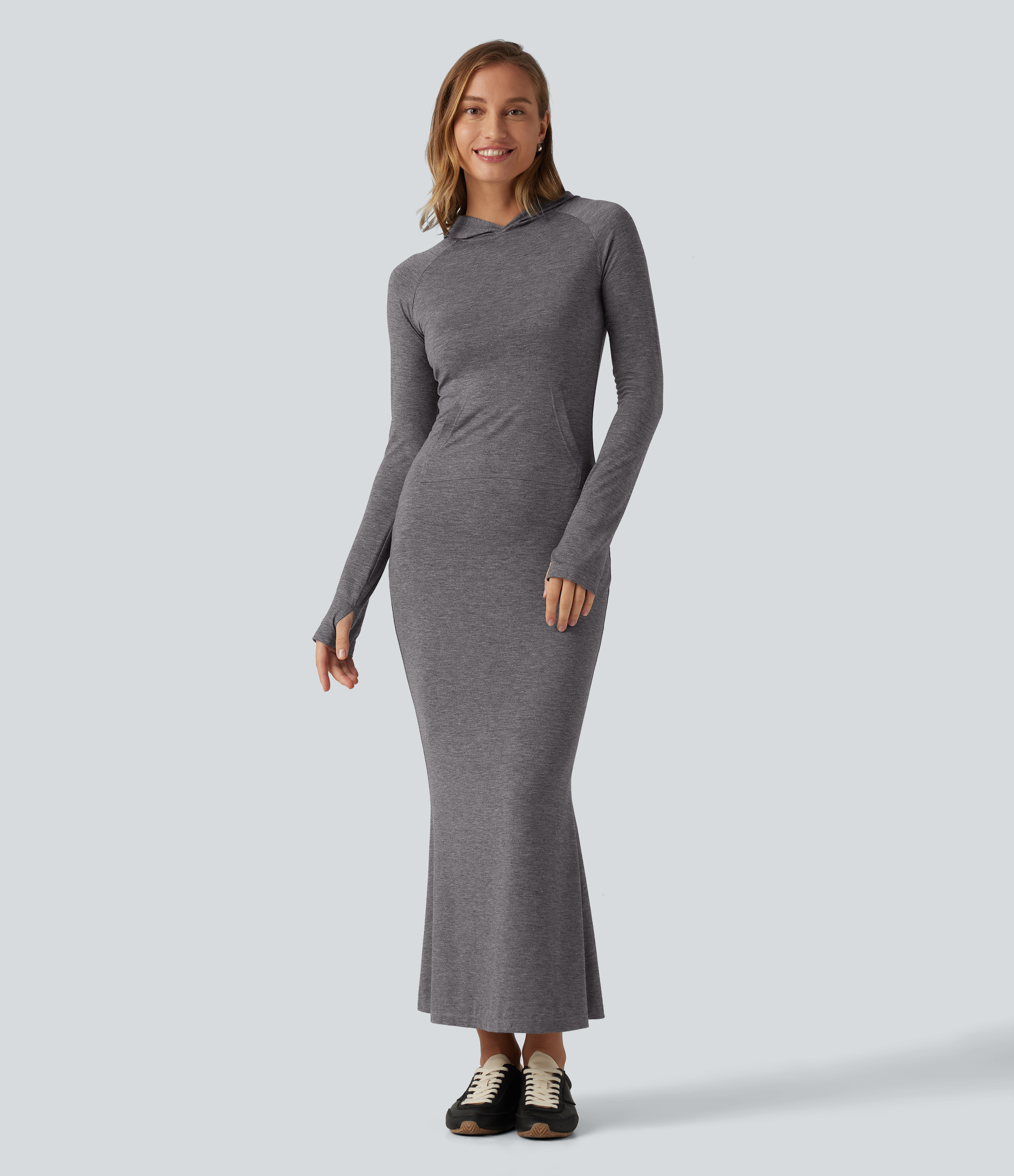 Hooded Long Sleeve Thumb Hole A-Line Maxi Casual Dress with Pocket