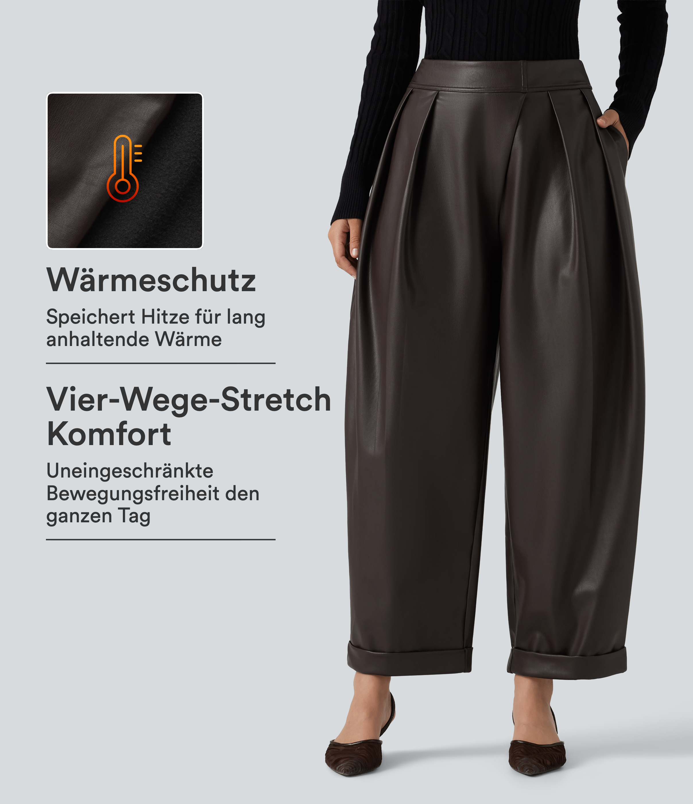 Lässige Fleece-Hose aus elastischem Kunstleder mit hohem Bund, Seitentaschen und geschwungenem Bein