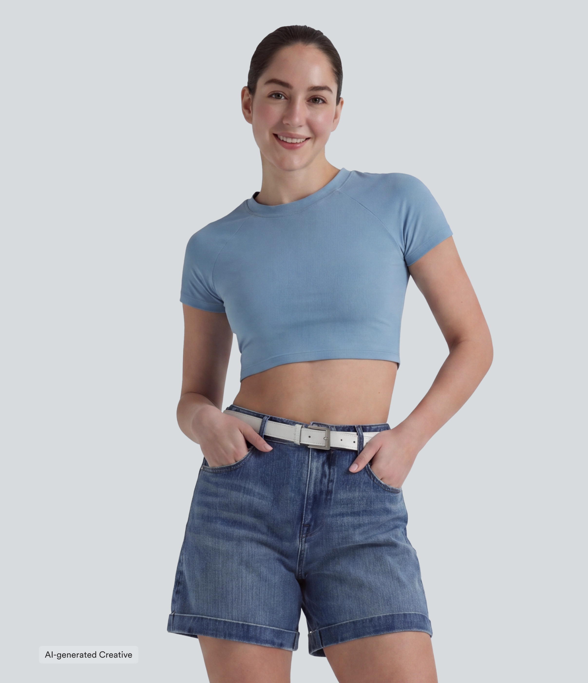 Cerulean Blue Denim Halara Flex™ Mid Rise Rolled Hem Denim Casual Shorts 5'' with Pockets / 2