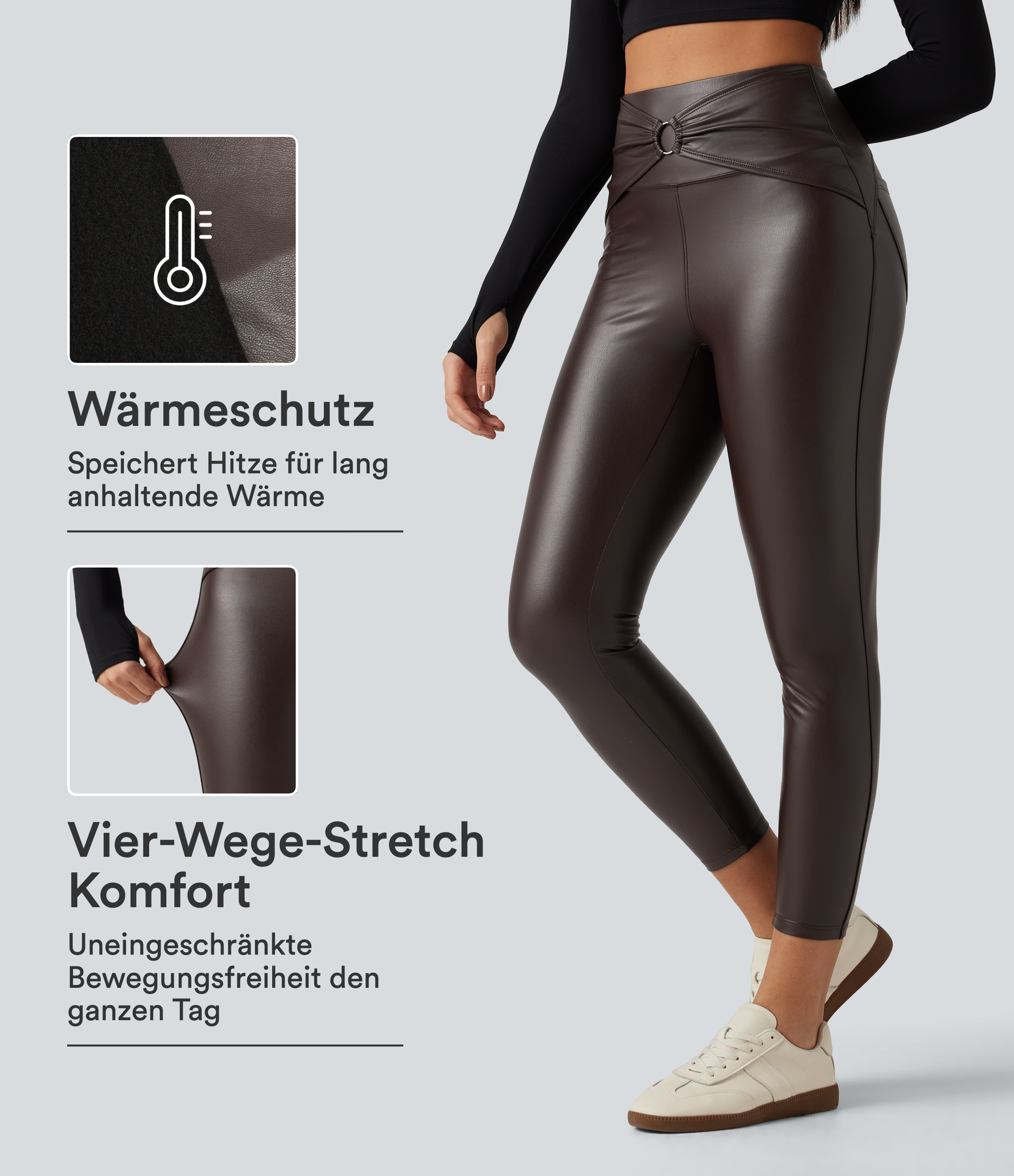 Geraffte Fleece-Yoga-Leggings aus elastischem Kunstleder mit hohem Bund und Gesäßtaschen