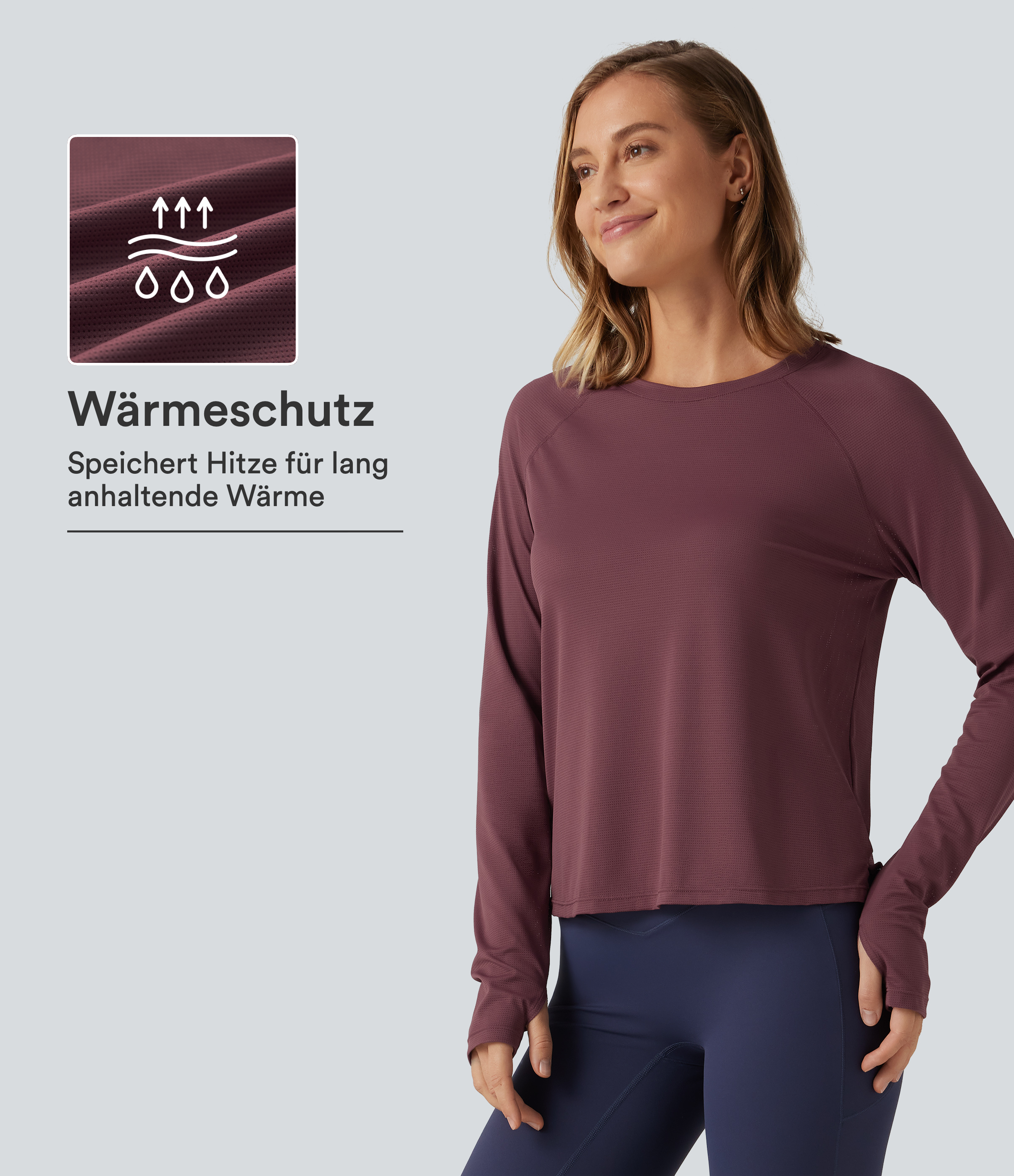 Lauf-Sport-Top mit Rundhalsausschnitt, langen Raglanärmeln, Daumenlöchern und Kontrast-Mesh - schnelltrocknend