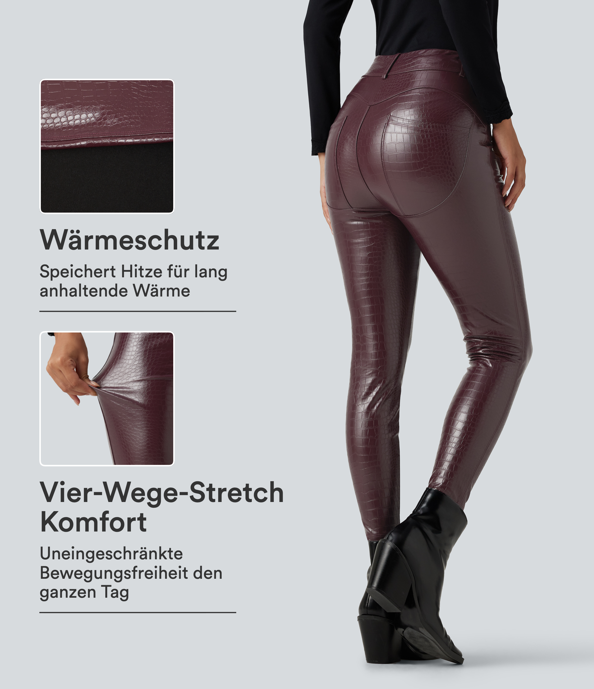 Lässige Fleece-Leggings aus elastischem Kunstleder mit hohem Bund, Gesäßtaschen und Schlangenmuster