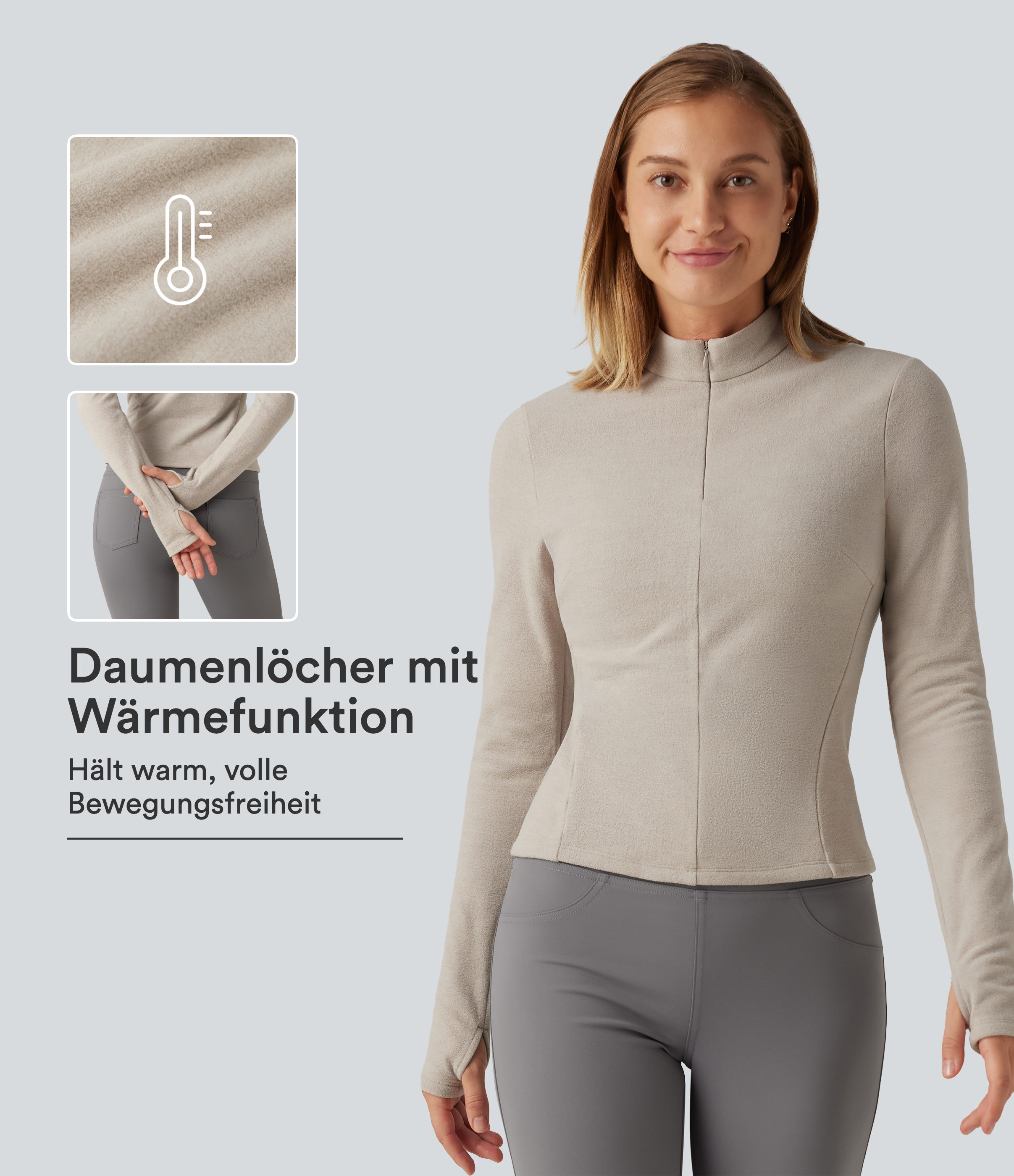 Lässige Fleece-Jacke mit Stehkragen, langen Ärmeln und Daumenlöchern