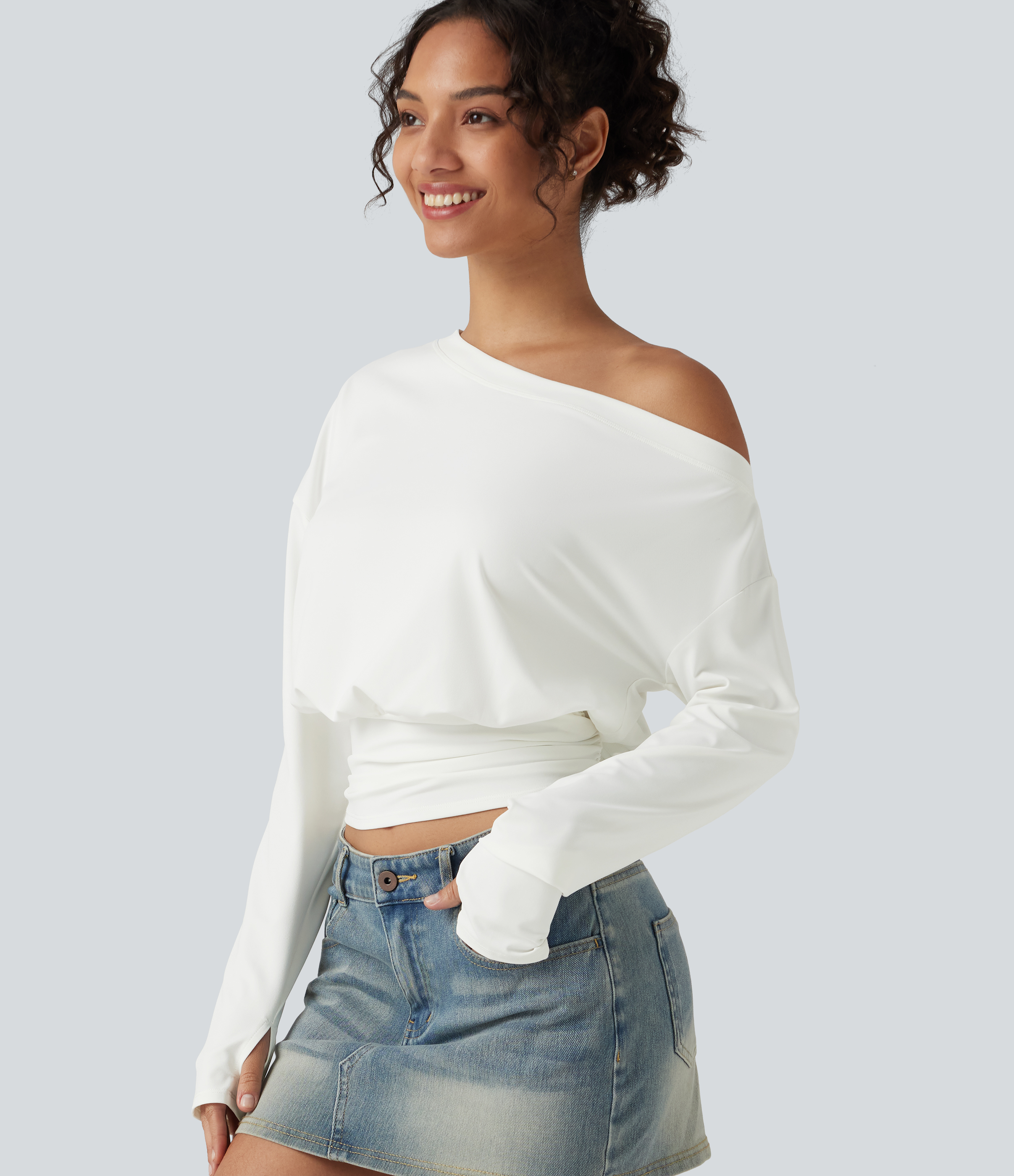 One Shoulder Ruched Long Sleeve Thumb Hole Casual Top