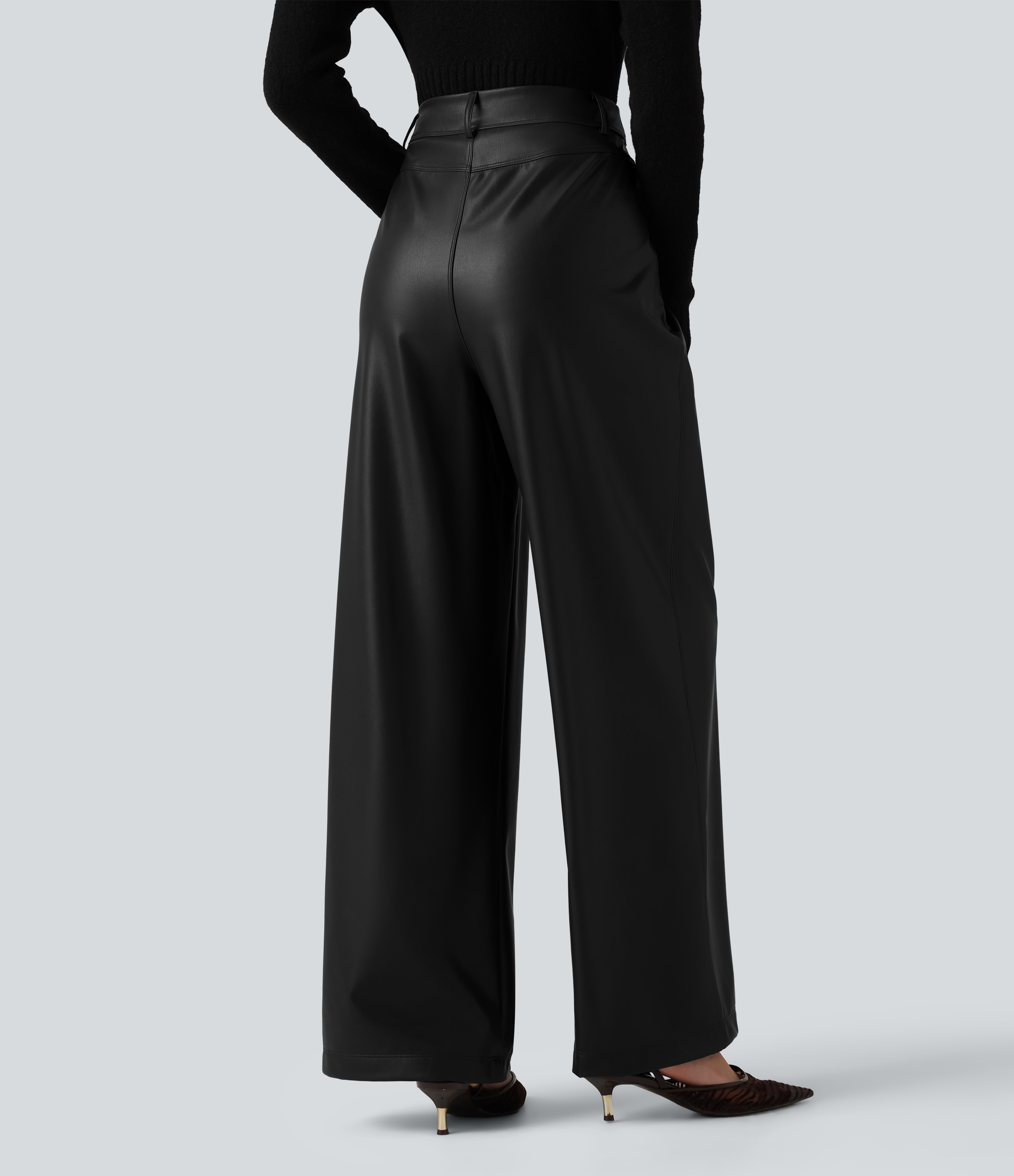 Black Pantalon en simili stretch doublé polaire taille haute coupe large avec poches / 2