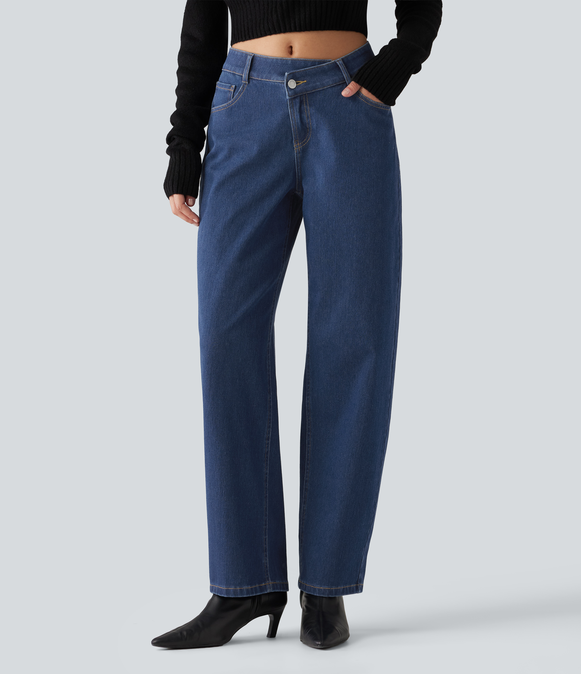 Halara Flex™ Mid Rise Asymmetric Barrel Leg Casual Jeans with Pockets
